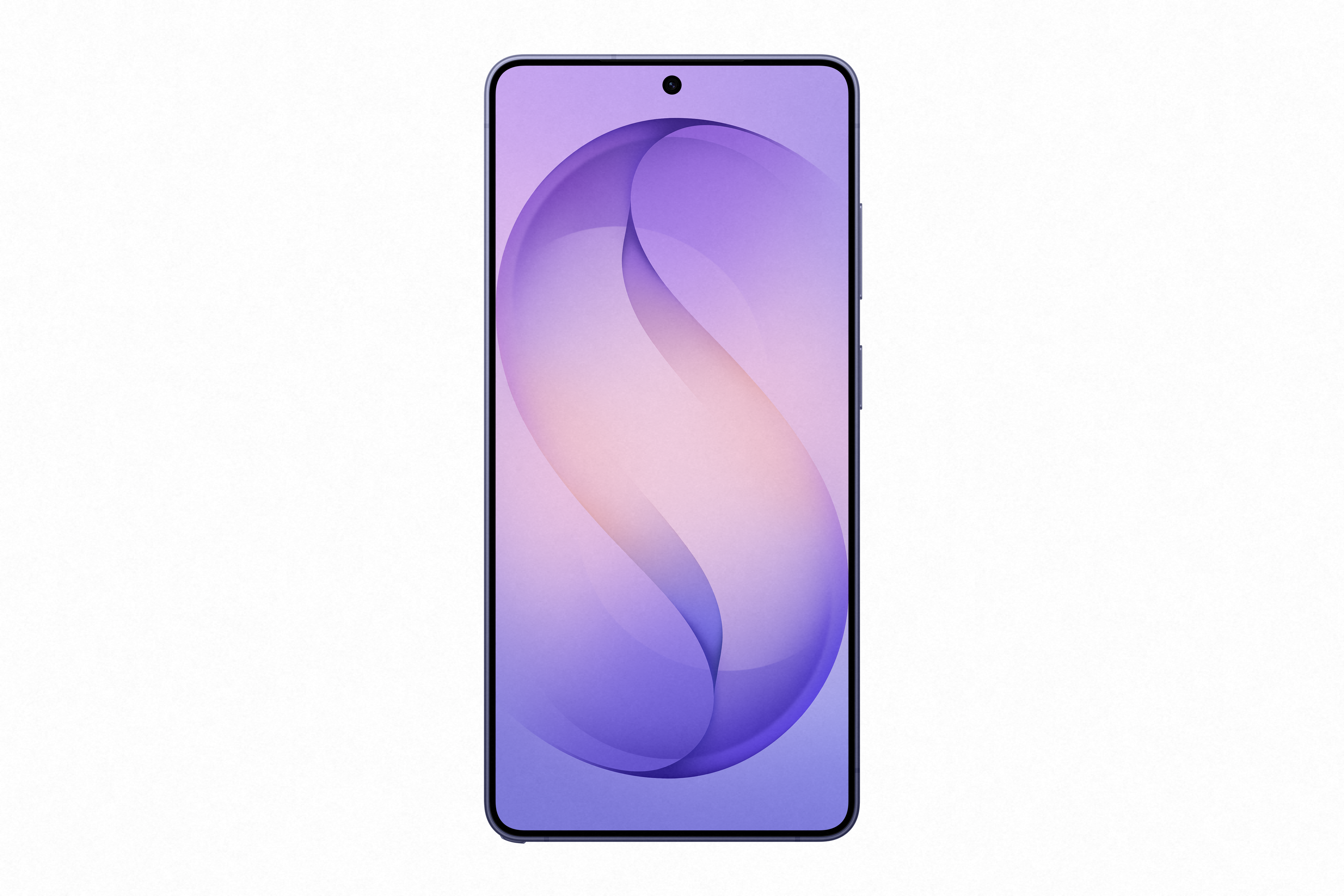 Ein dunkles Smartphone mit einem violetten und rosa Hintergrundbild.