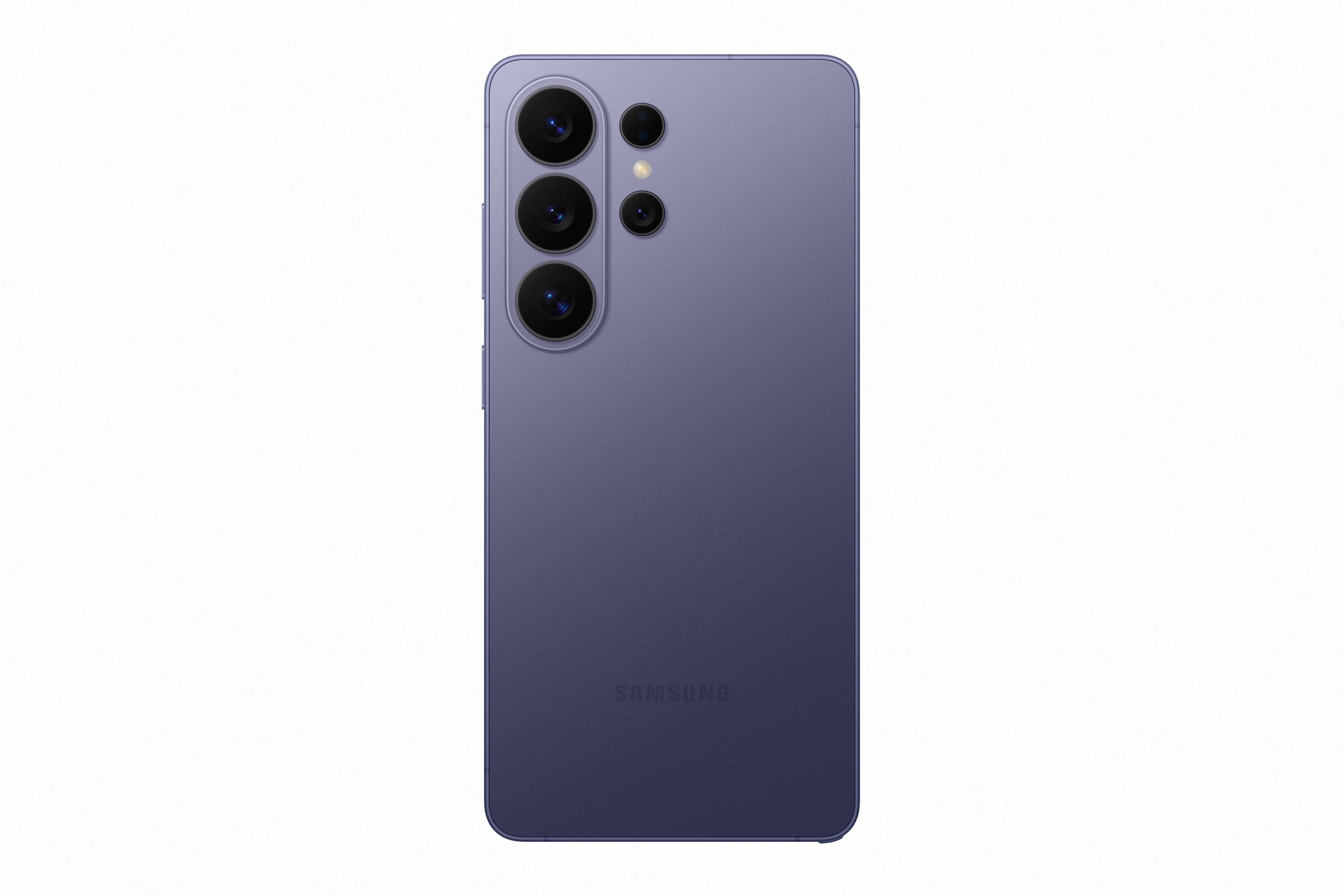 Rückseite eines violetten Smartphones mit vier Kameras.