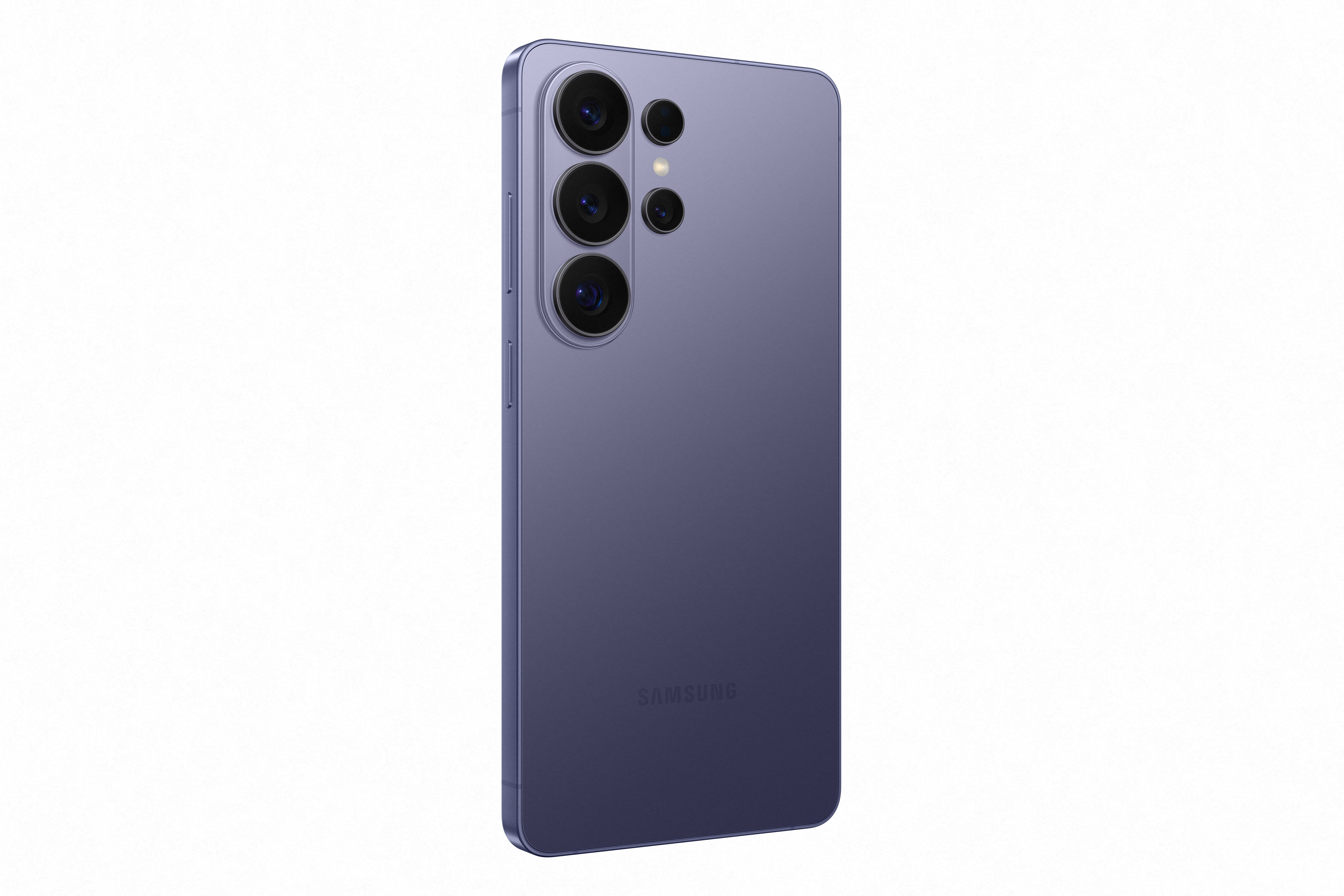 Rückseite eines violetten Samsung Smartphones mit vier Kameralinsen und Blitz.