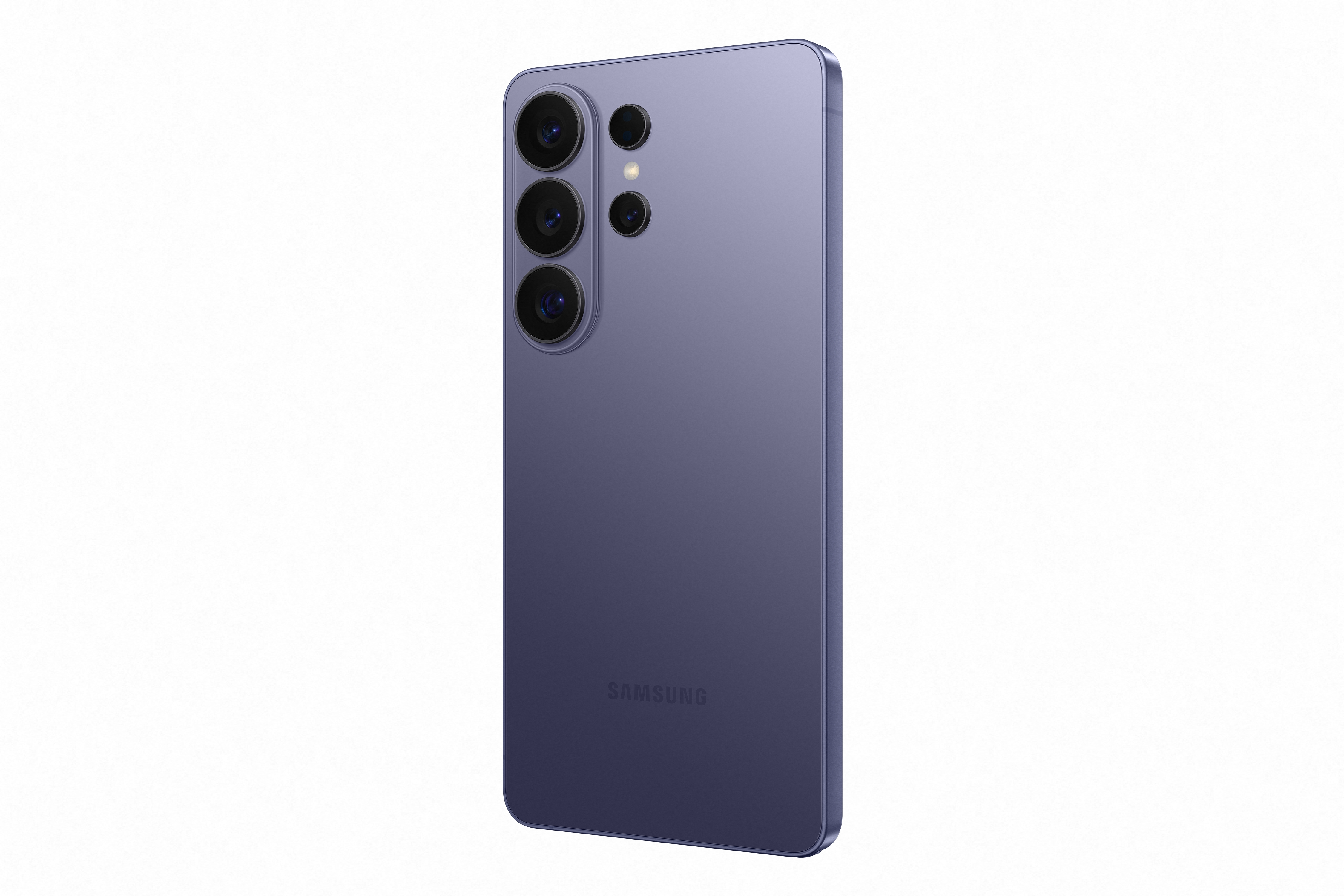 Rückseite eines violetten Samsung Smartphones mit drei Kameralinsen und Blitz.