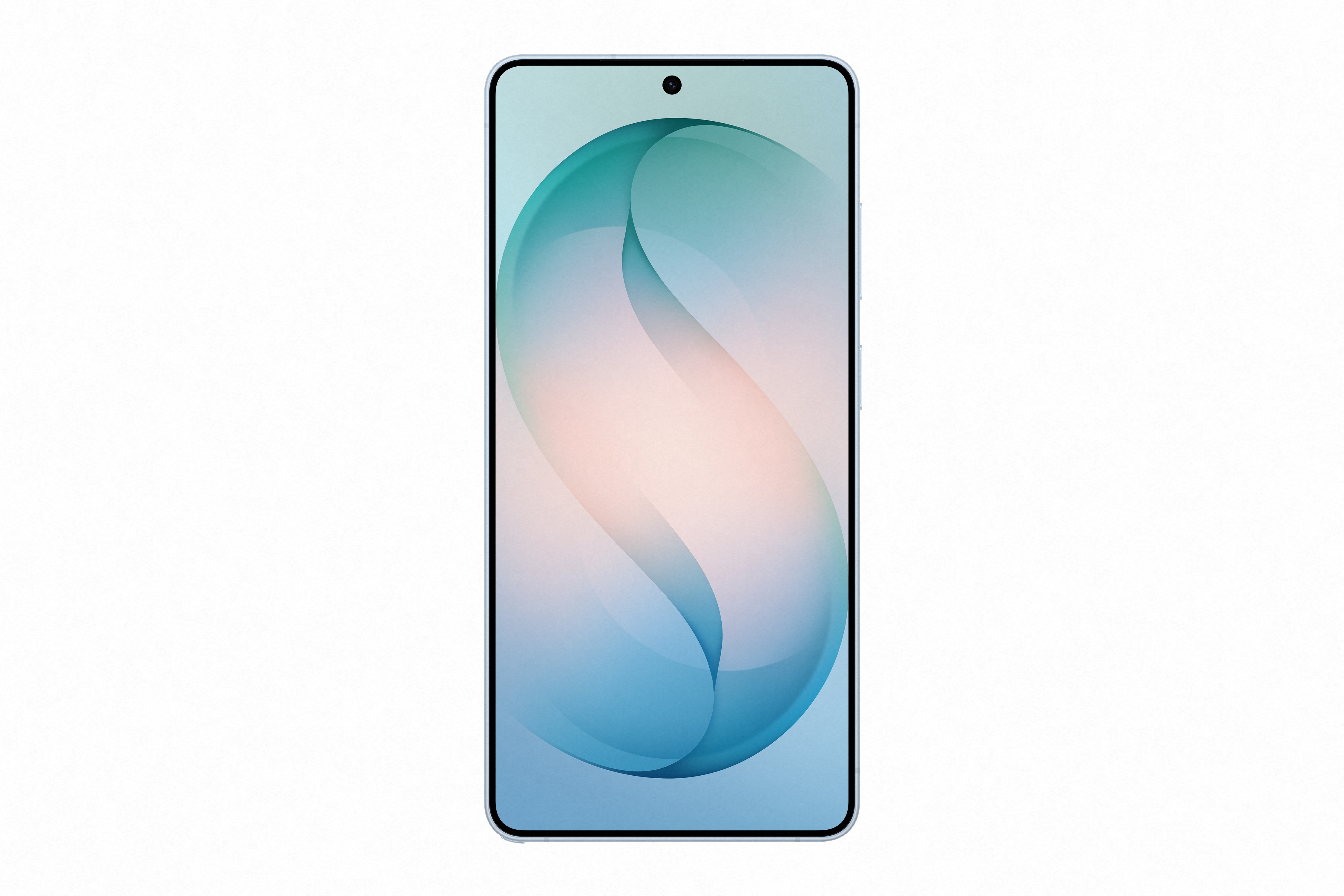 Ein hellblaues Smartphone mit einem stilisierten, geschwungenen Hintergrundmuster.