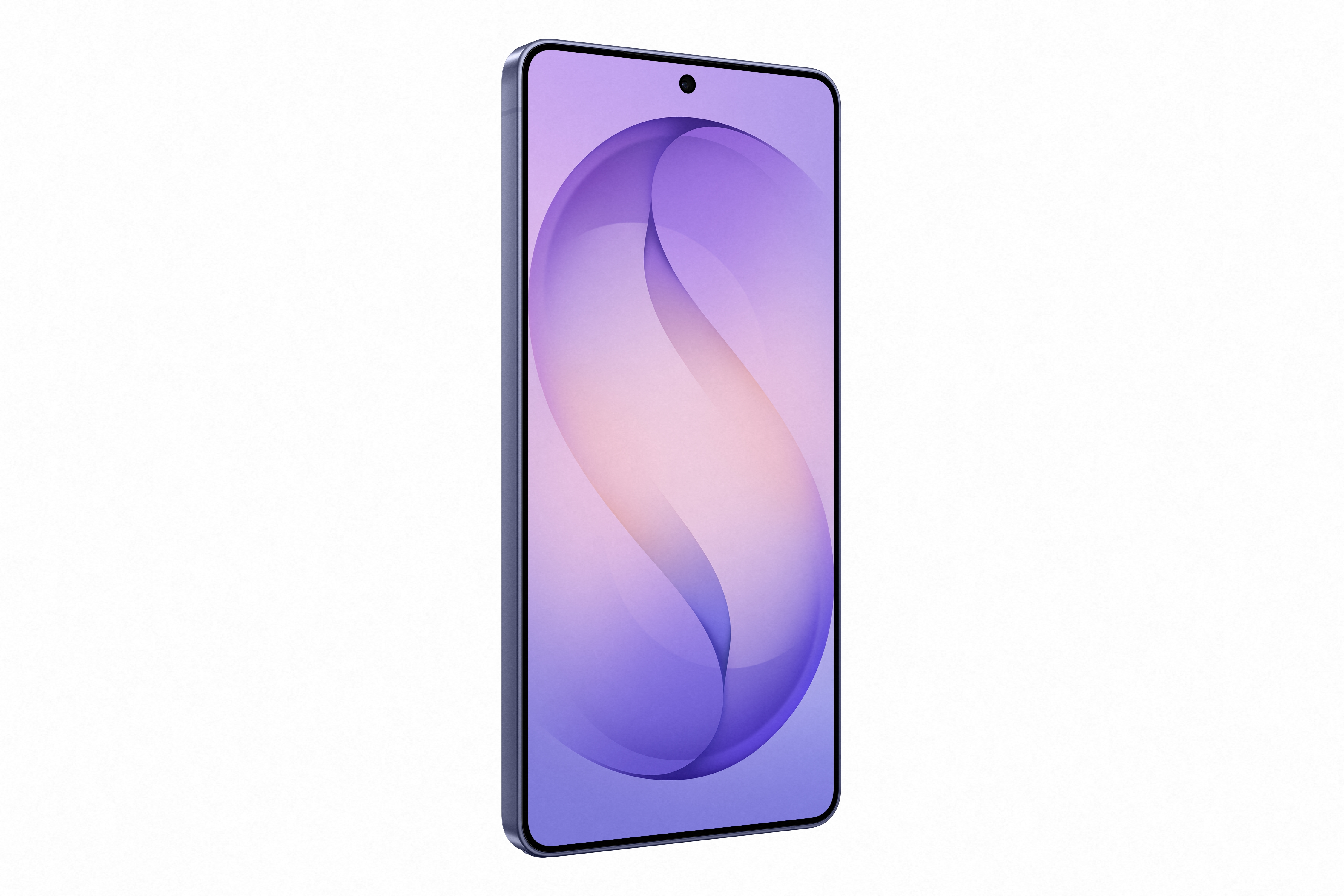 Ein modernes Smartphone mit einem lilafarbenen Hintergrundbild und einer Frontkamera.