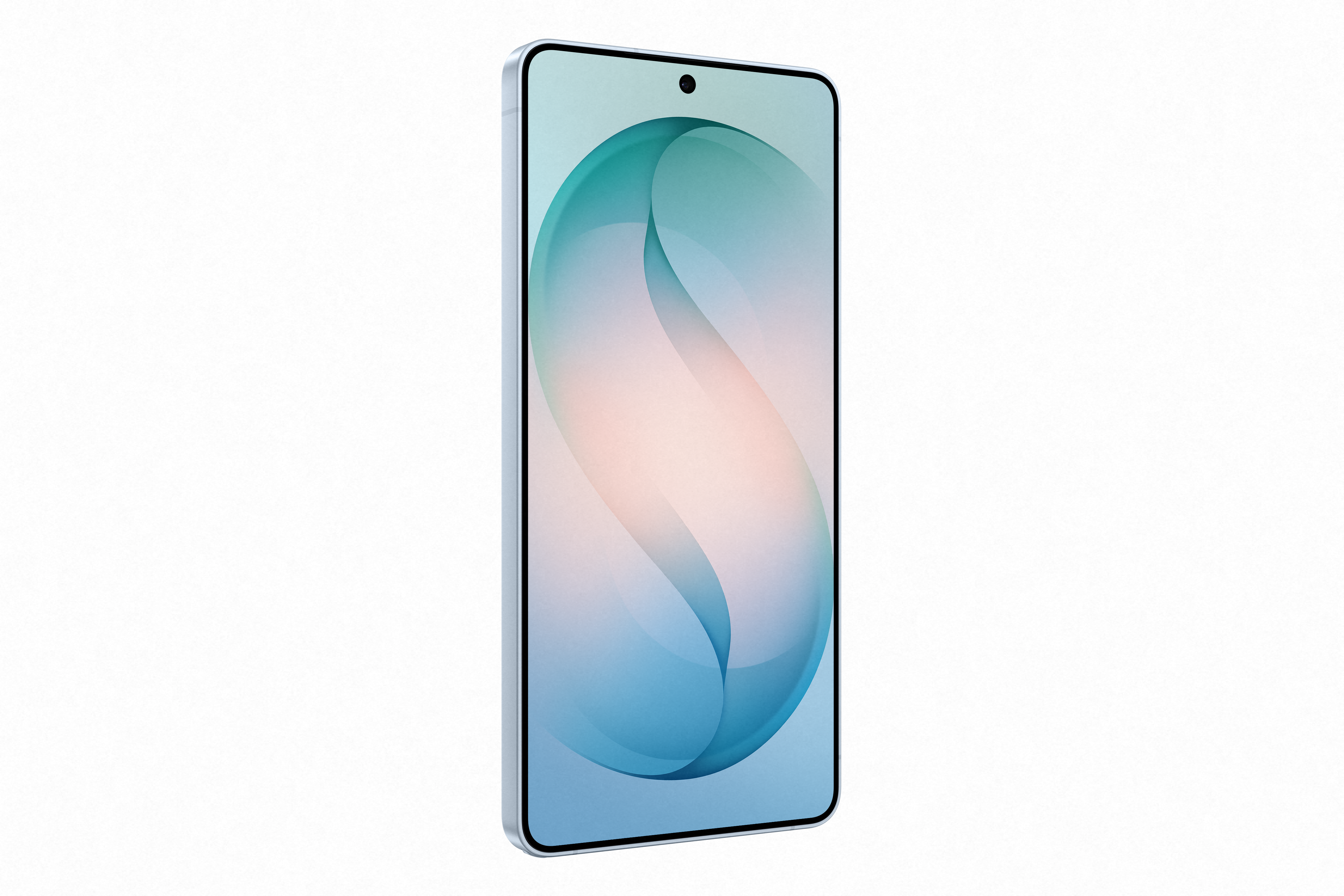 Ein hellblaues Smartphone mit einem abstrakten, geschwungenen Hintergrund auf dem Bildschirm.