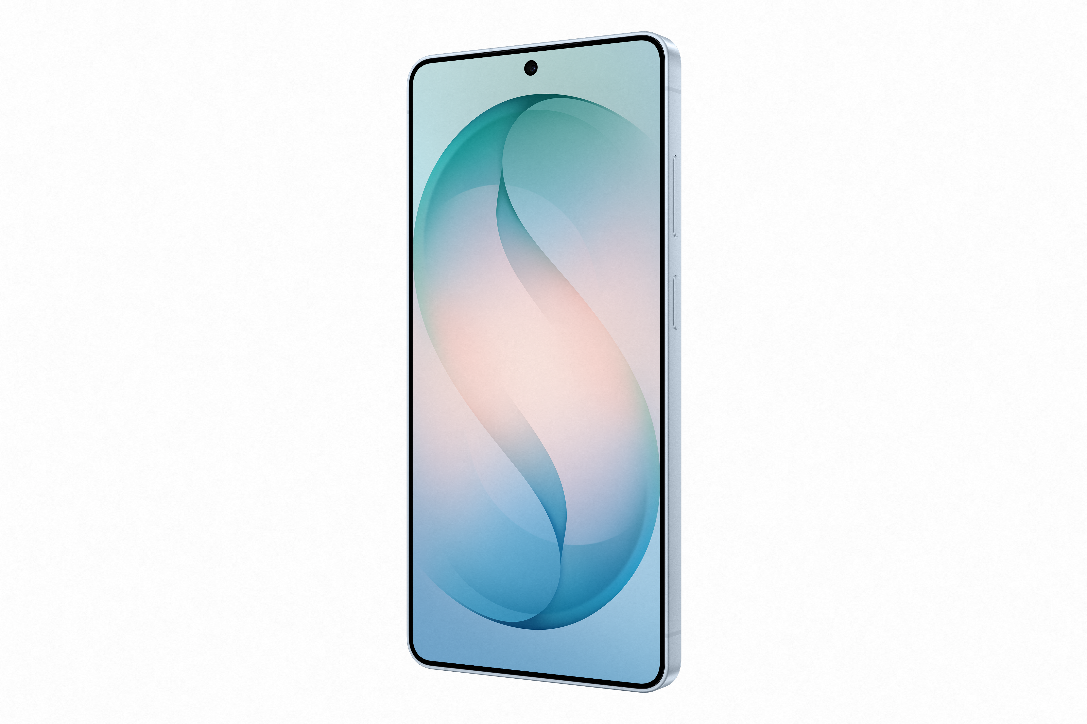 Ein hellblaues Smartphone mit einem abstrakten, blauen und rosafarbenen Hintergrundbild.