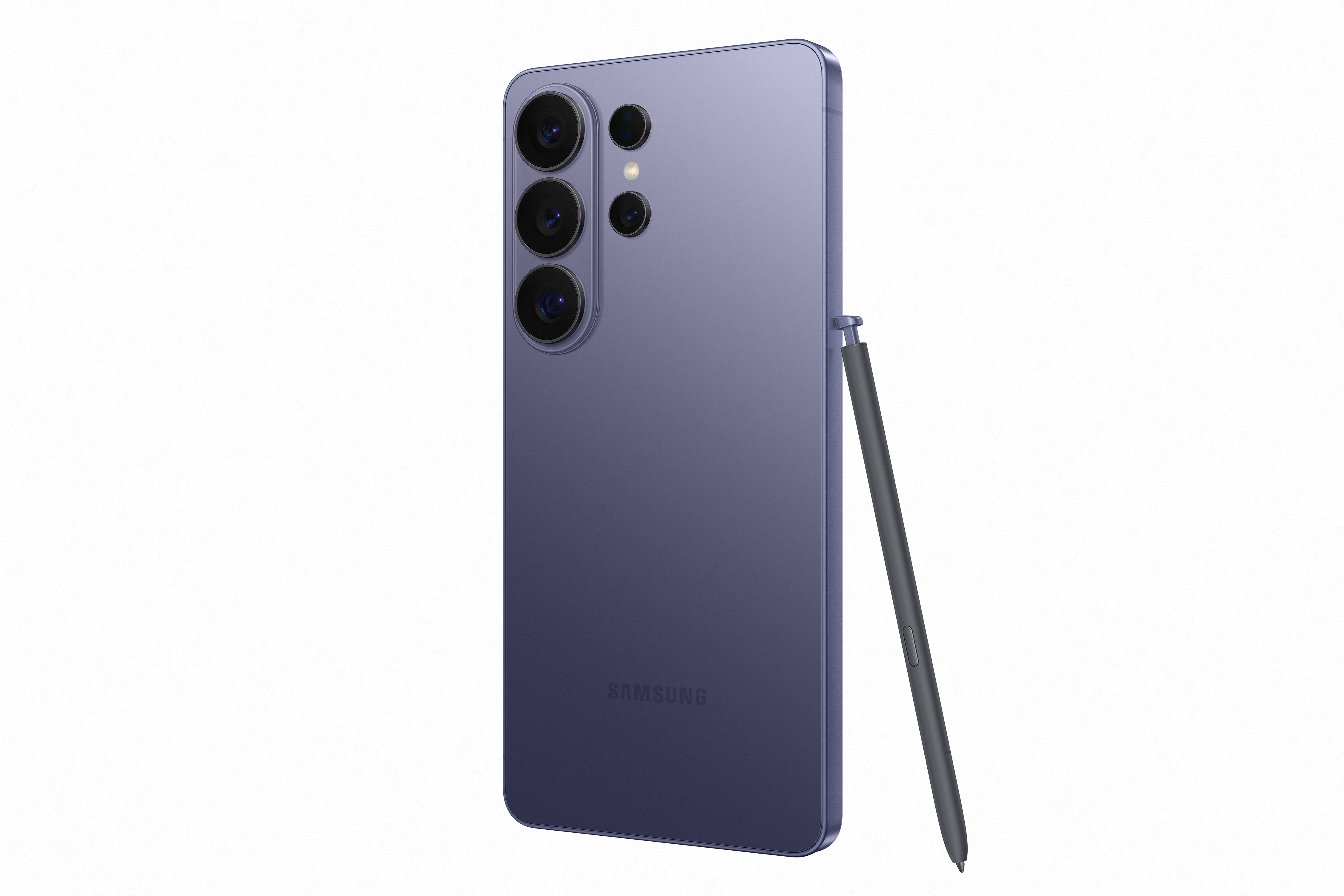 Ein violettes Smartphone mit drei Kameras und einem Stift.