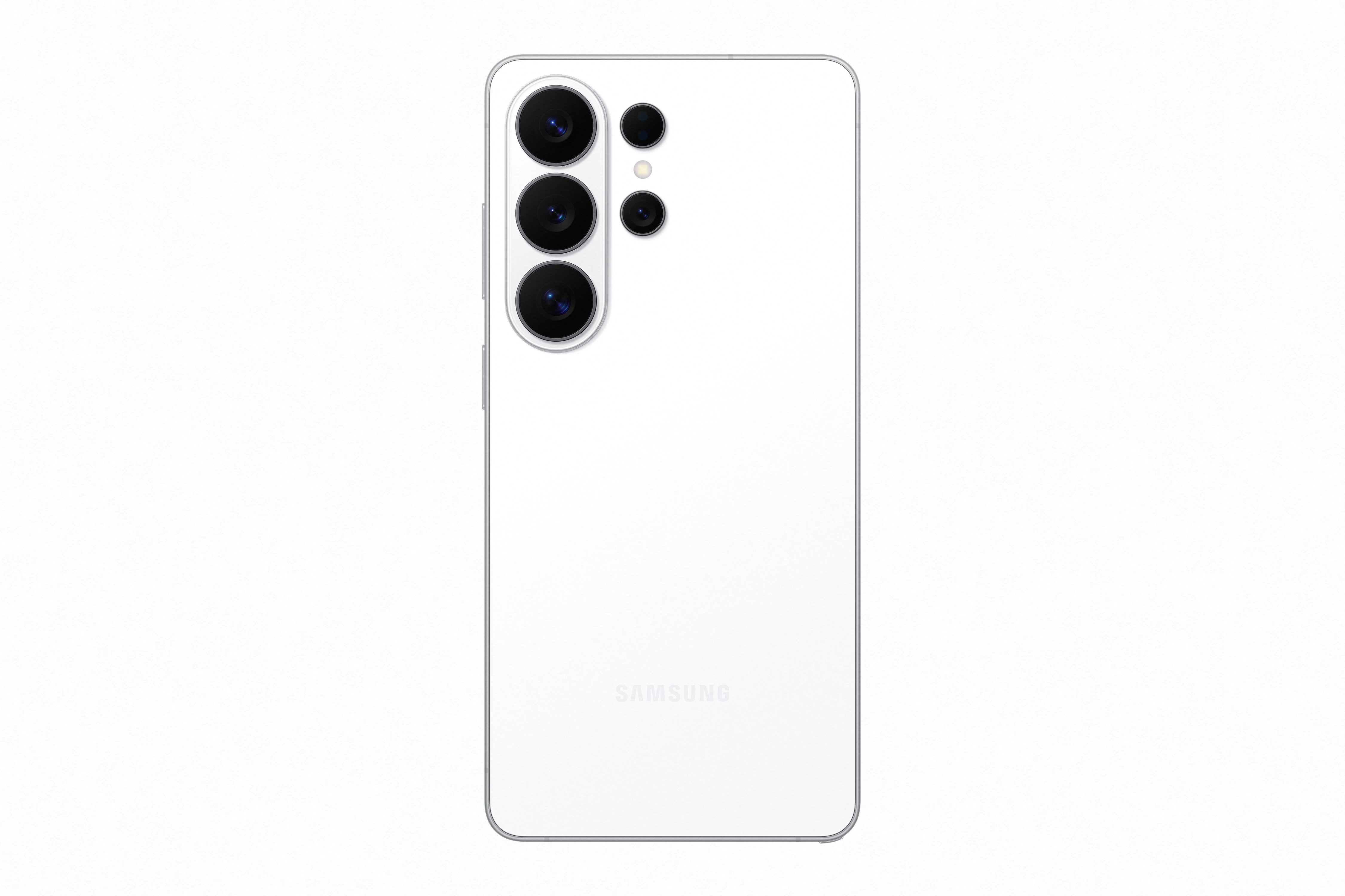Weiße Smartphone-Rückseite mit vier Kameras und Samsung-Logo.