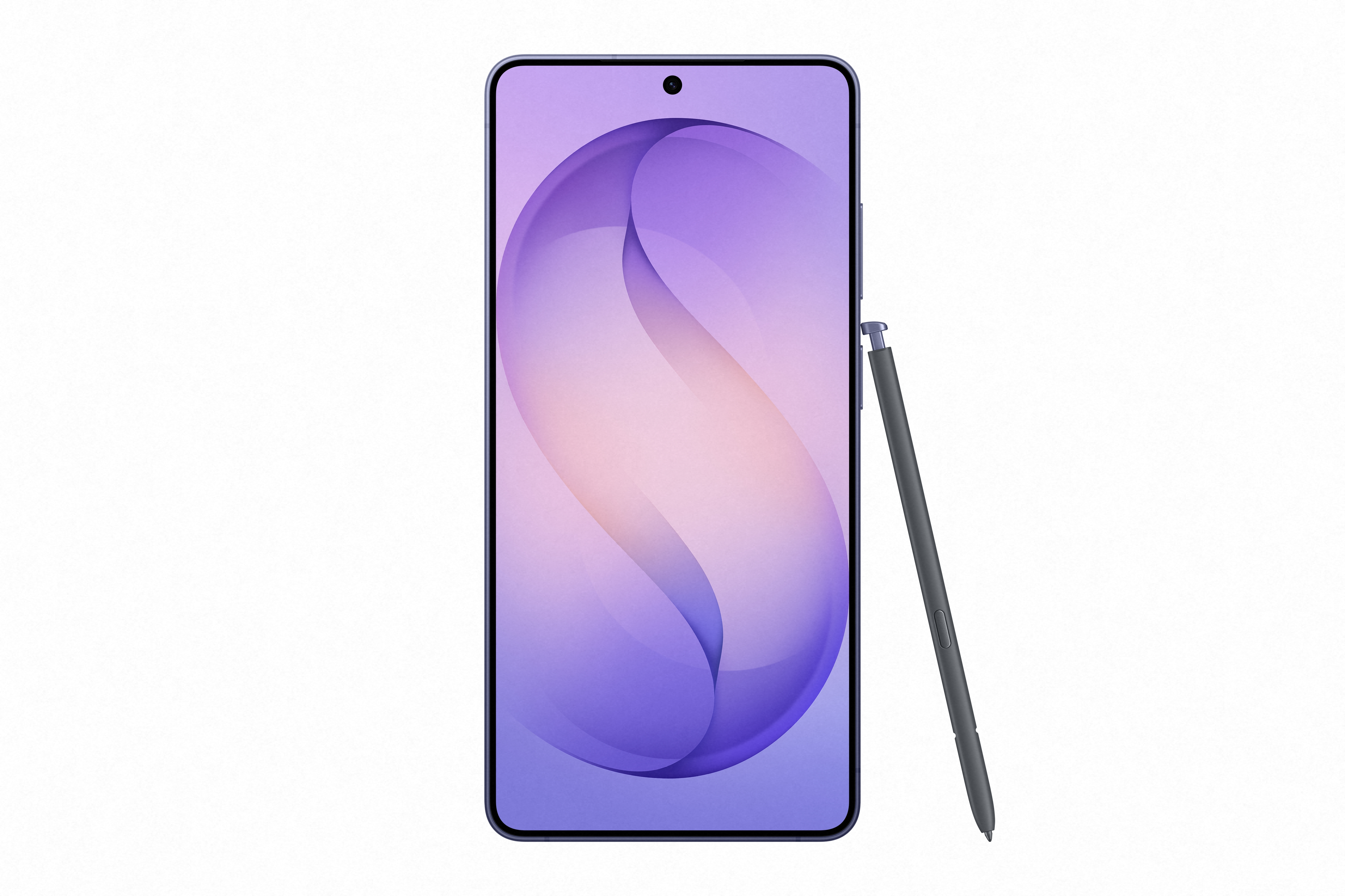 Ein dunkles Smartphone mit einem Stift daneben, das Display zeigt ein violettes Muster.