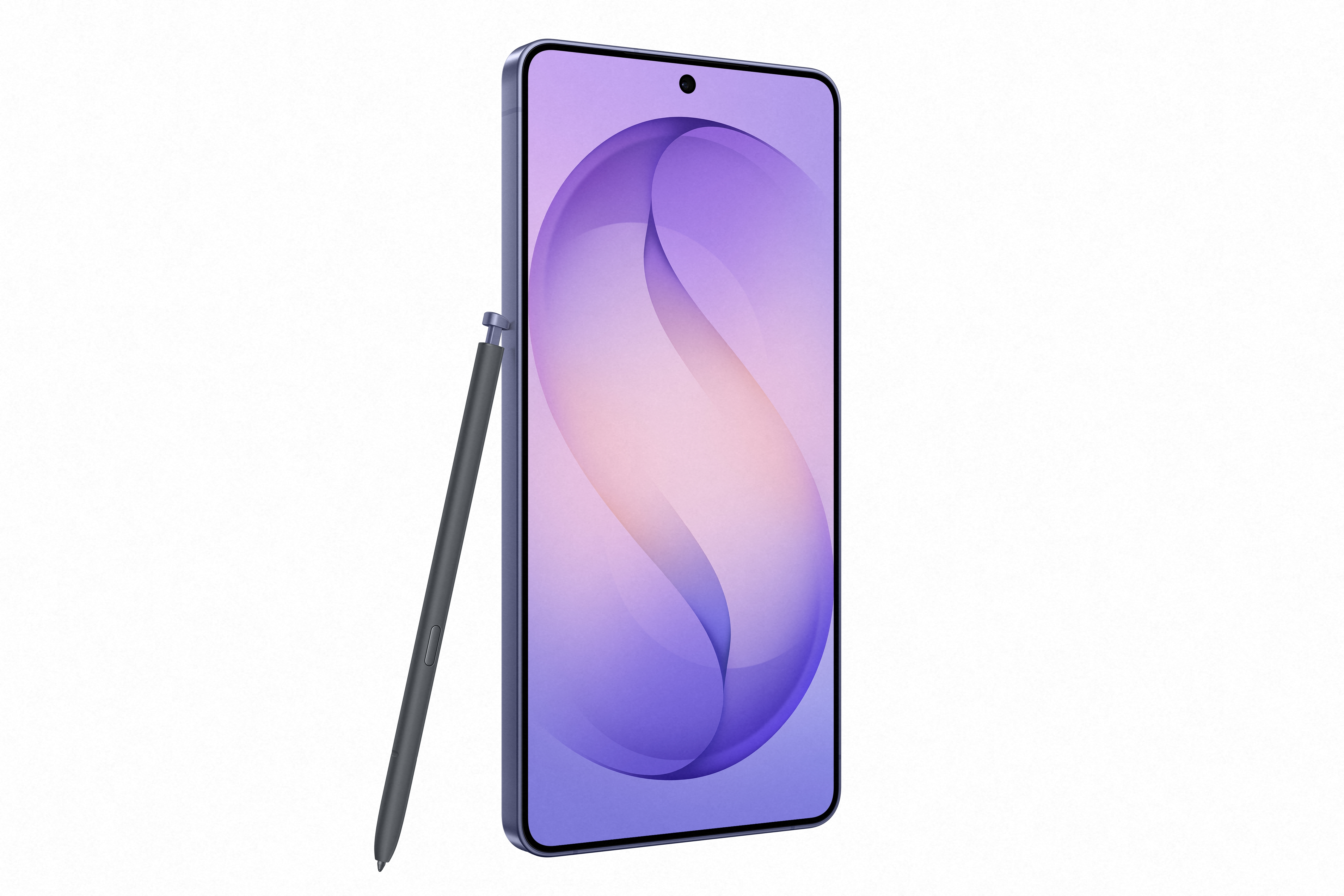 Ein dunkles Smartphone mit Stift, das auf dem Bildschirm lila Muster zeigt.