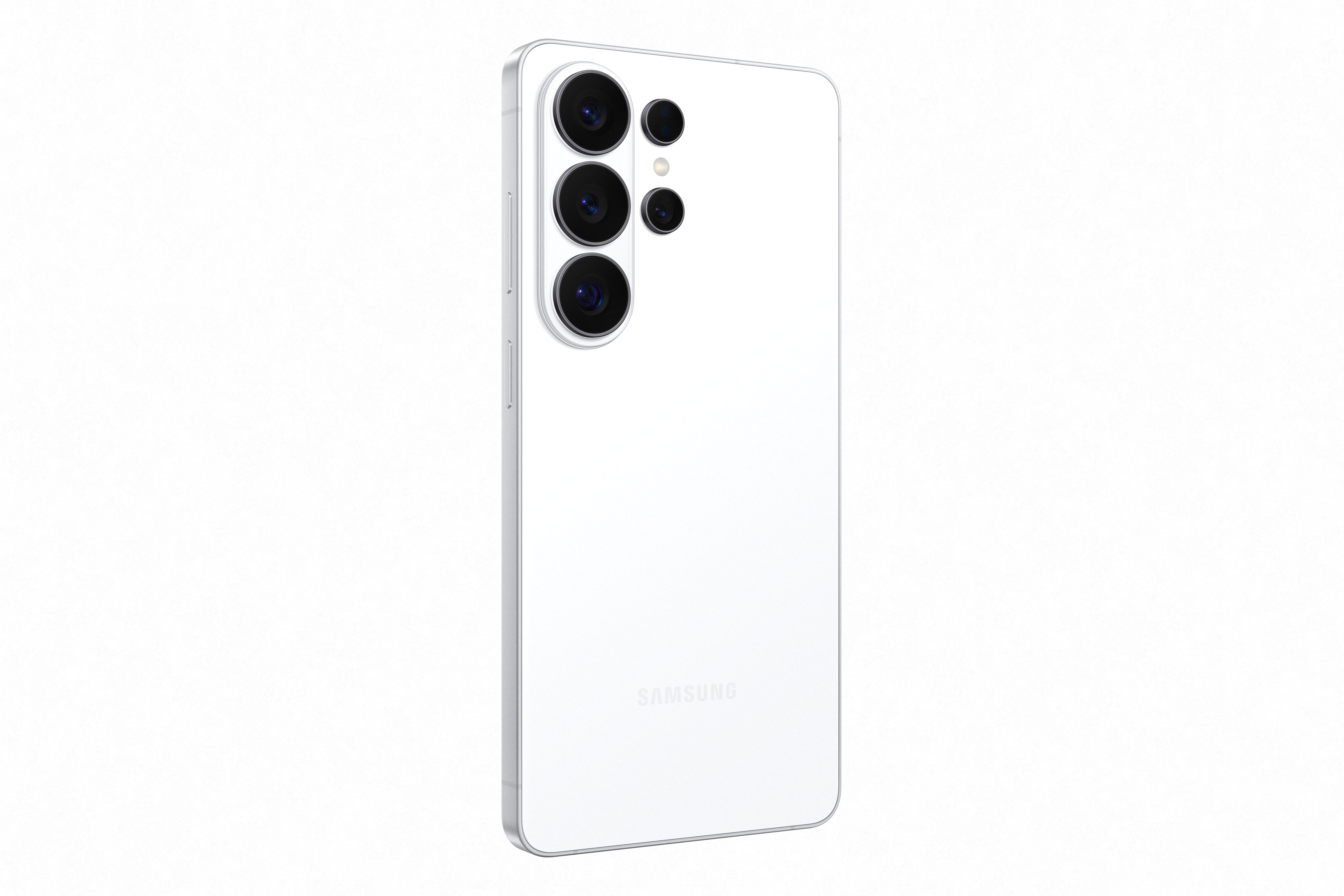 Rückseite eines weißen Samsung Smartphones mit vier Kameras.