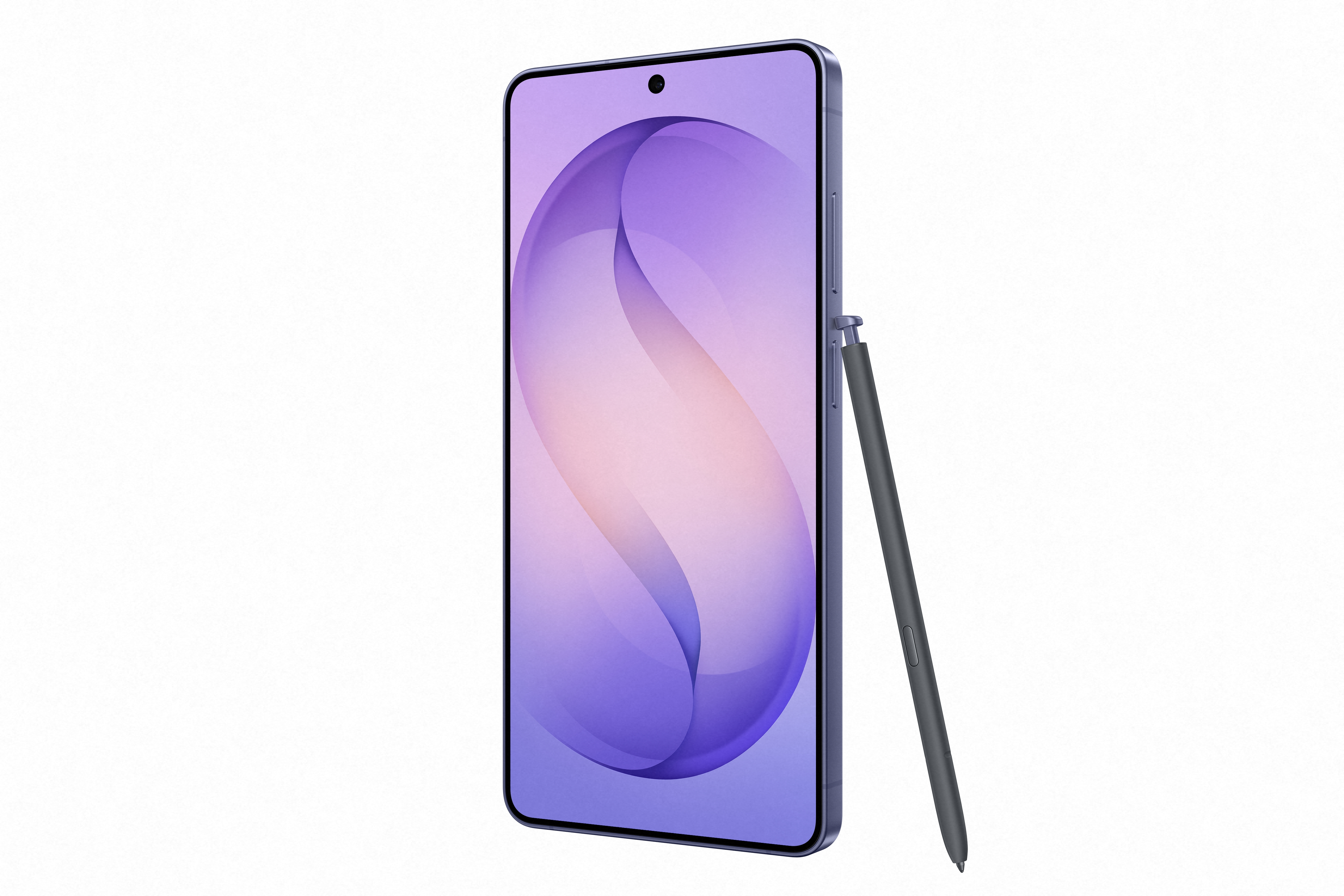 Ein lila Smartphone mit einem Stift daneben, auf weißem Hintergrund.