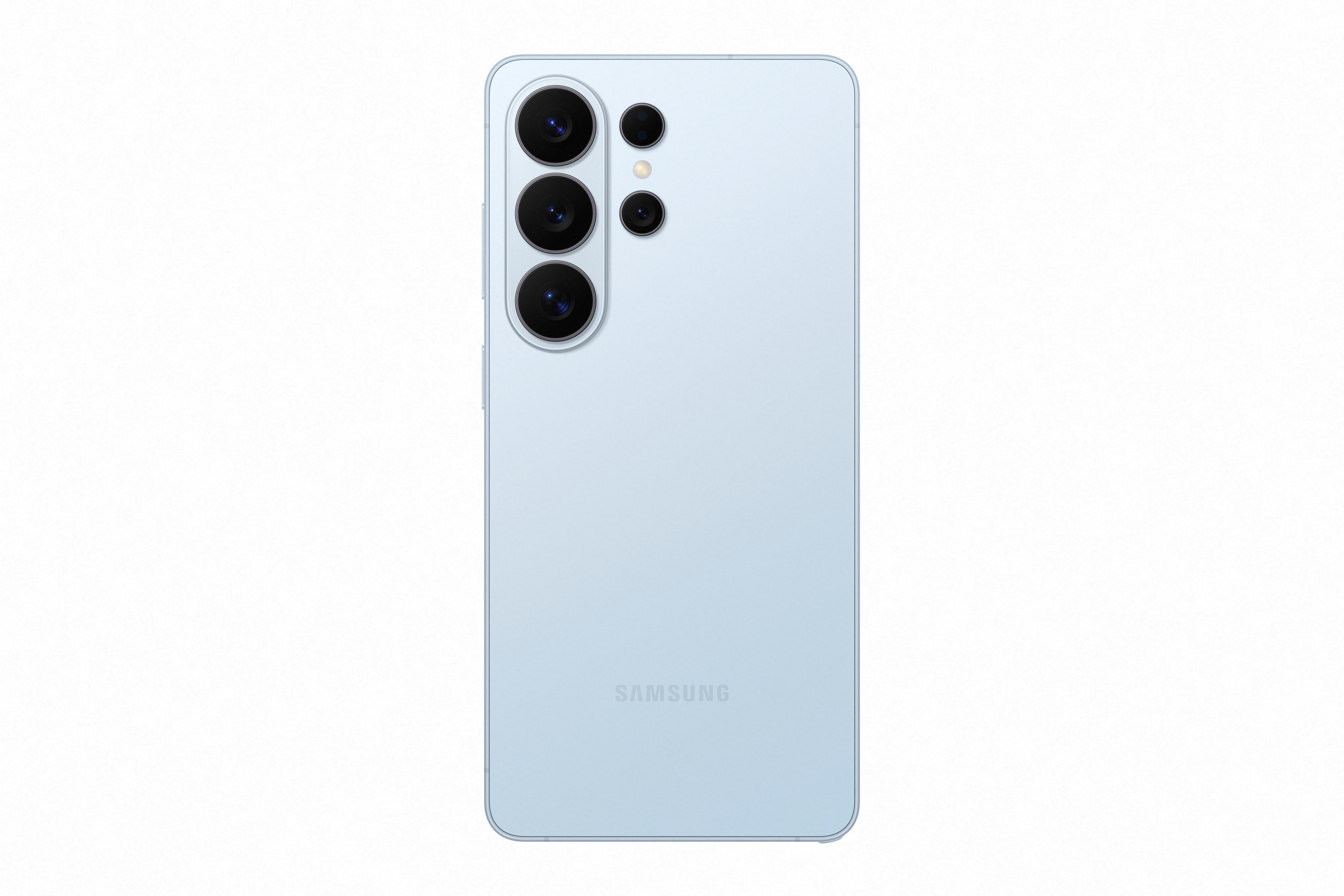 Rückseite eines hellblauen Samsung Smartphones mit drei Kameralinsen und Blitz.
