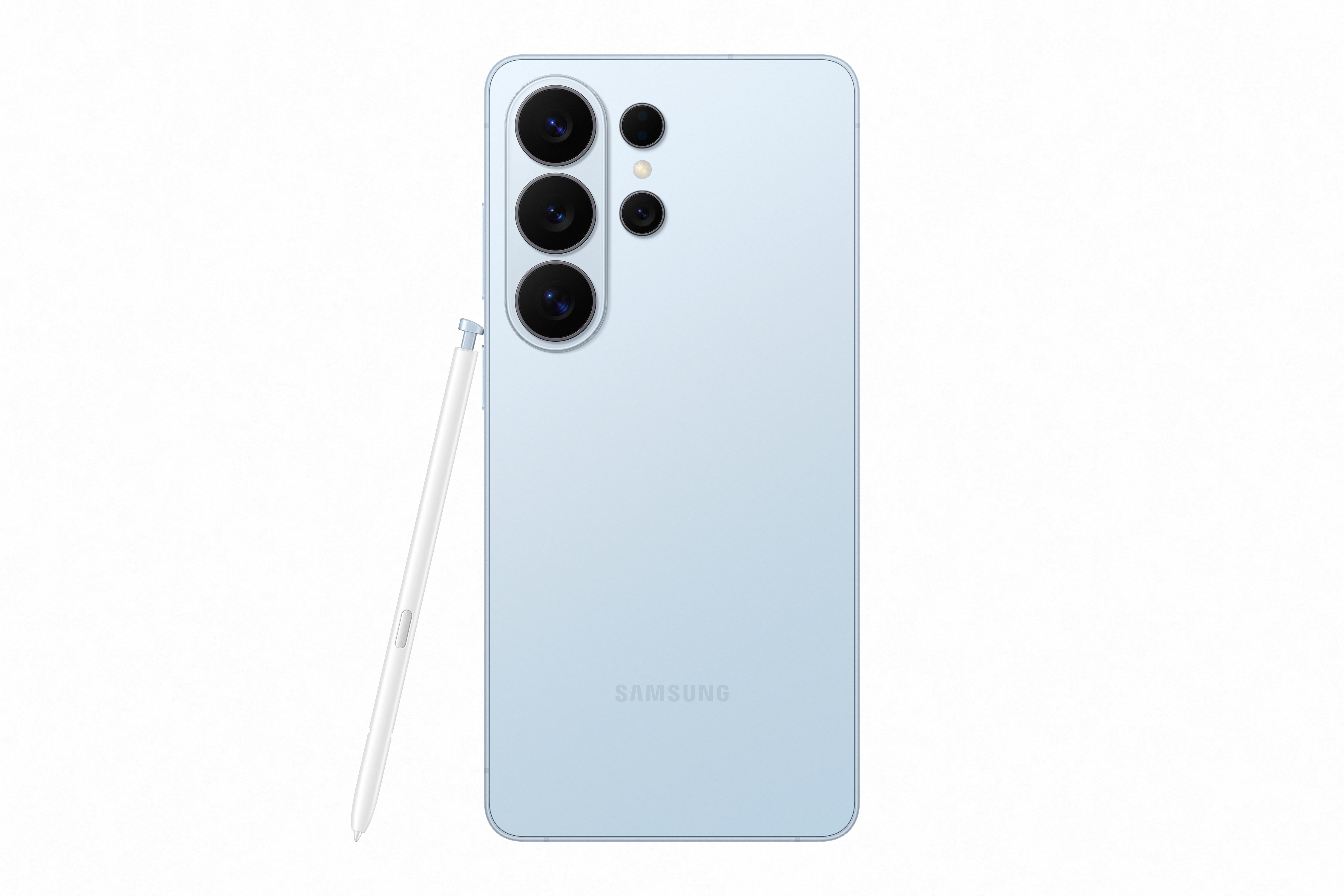 Ein hellblaues Samsung-Smartphone mit vier Kameras und einem Stift daneben.