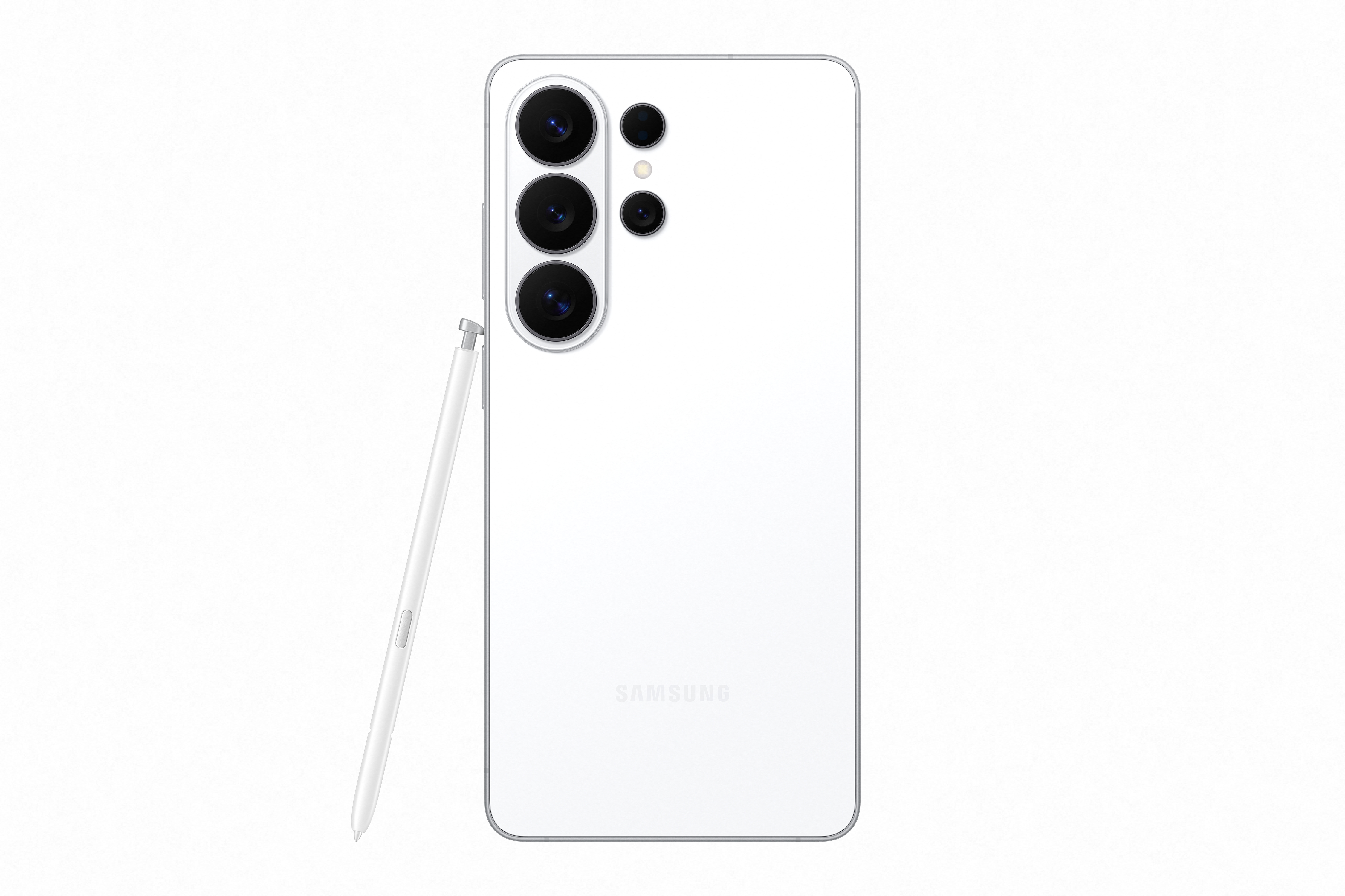 Ein weißes Samsung-Smartphone mit einem Stift liegt daneben. Die Kameras sind auf der Rückseite.