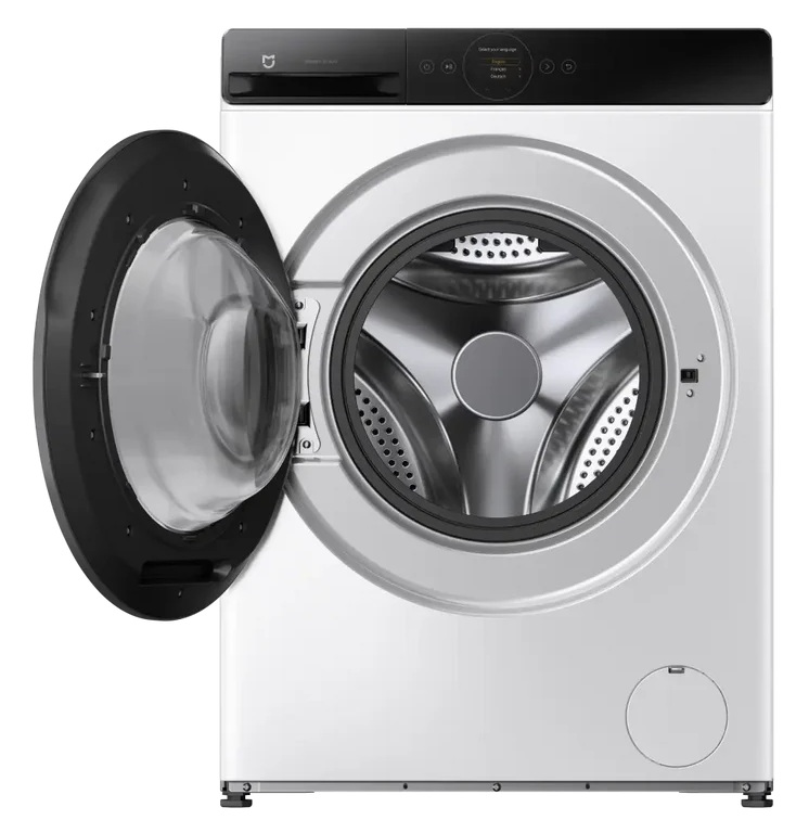 Biała pralka z otwartymi drzwiami, ukazująca srebrny bęben.