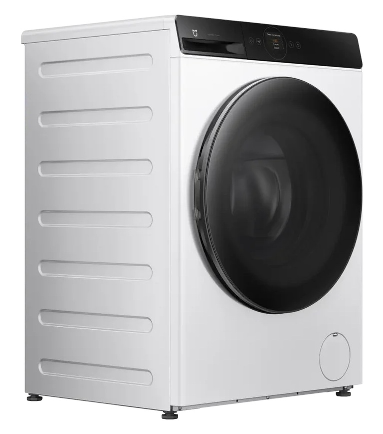 Biała pralka z czarnymi drzwiami i panelem sterowania.