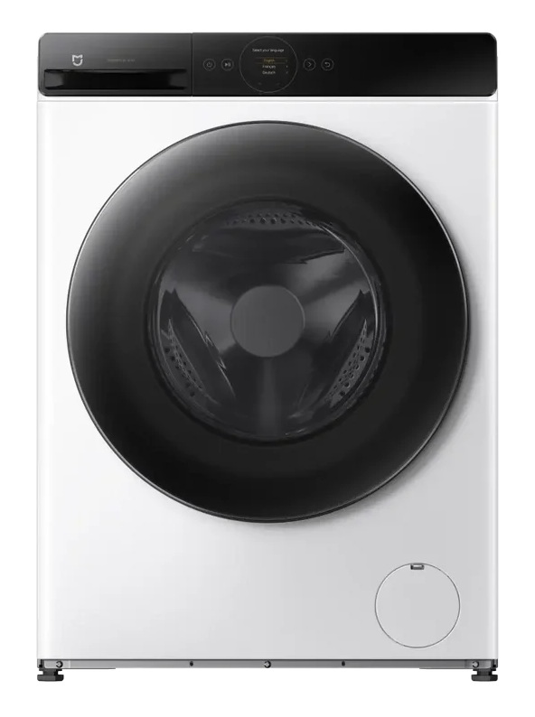 Biała pralka z czarnym bębnem i cyfrowym panelem sterowania na górze.