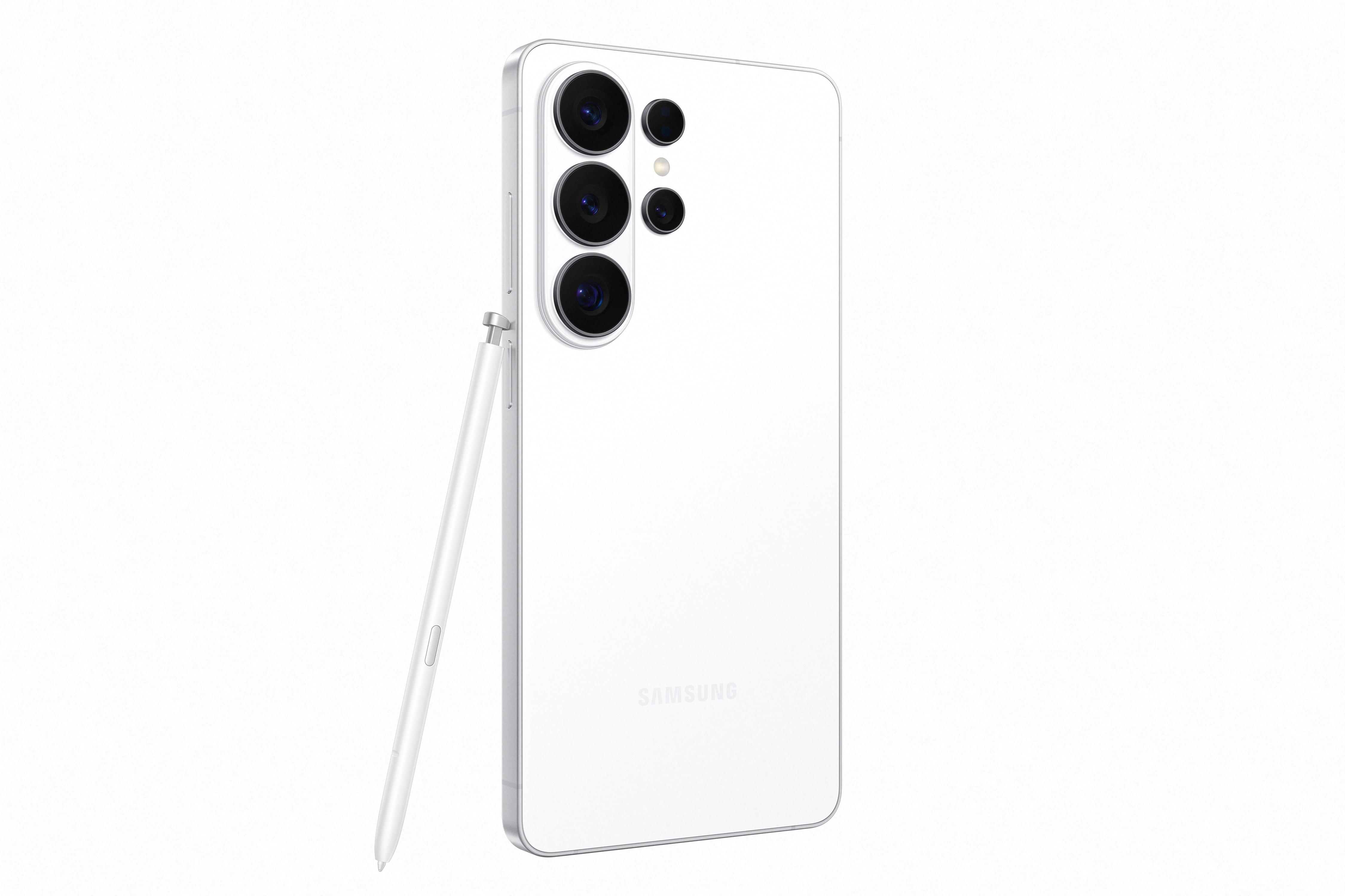 Weißes Samsung Smartphone mit Stift und vier Kameras.