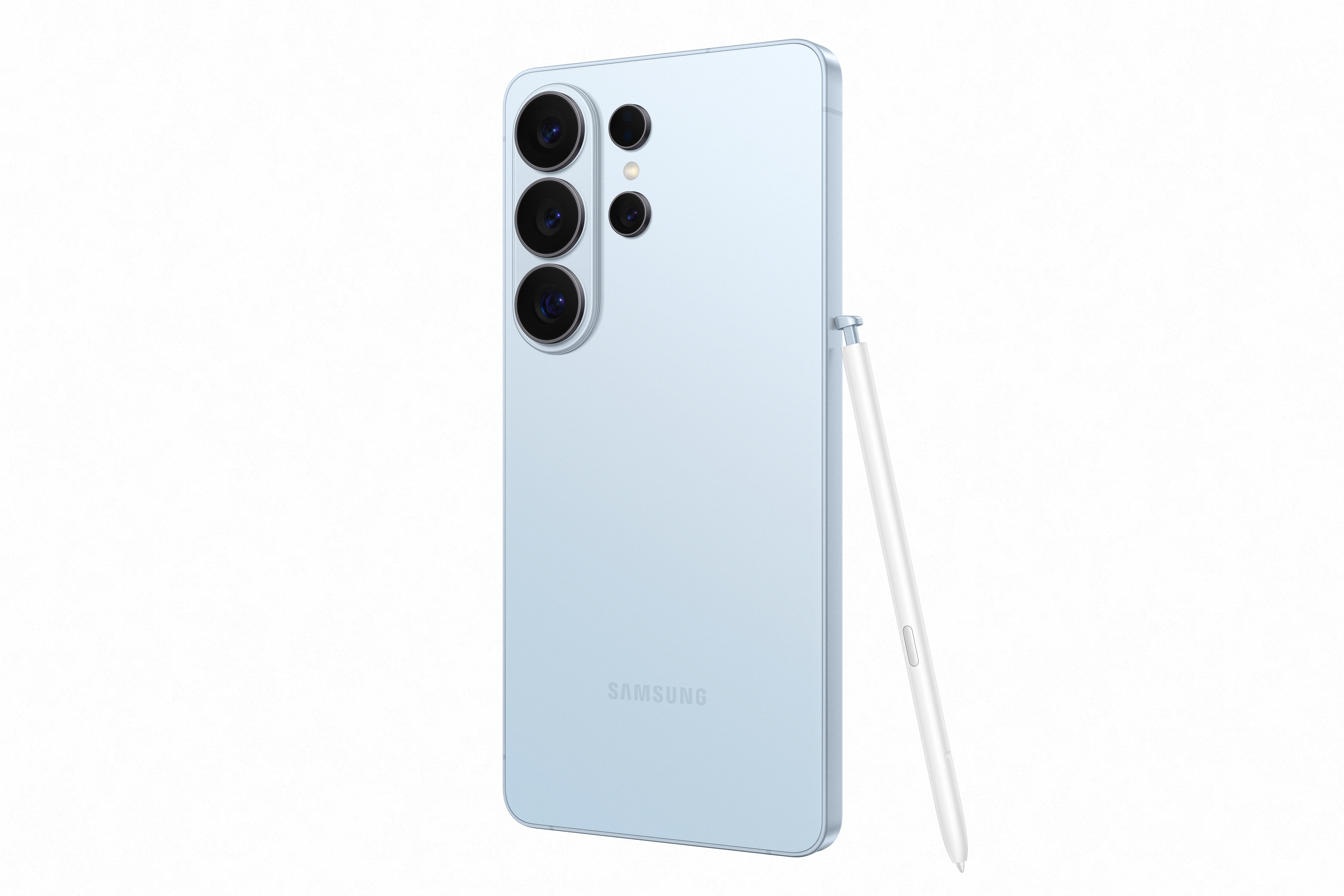 Ein hellblaues Smartphone mit drei Kameras und einem weißen Stift auf weißem Hintergrund.