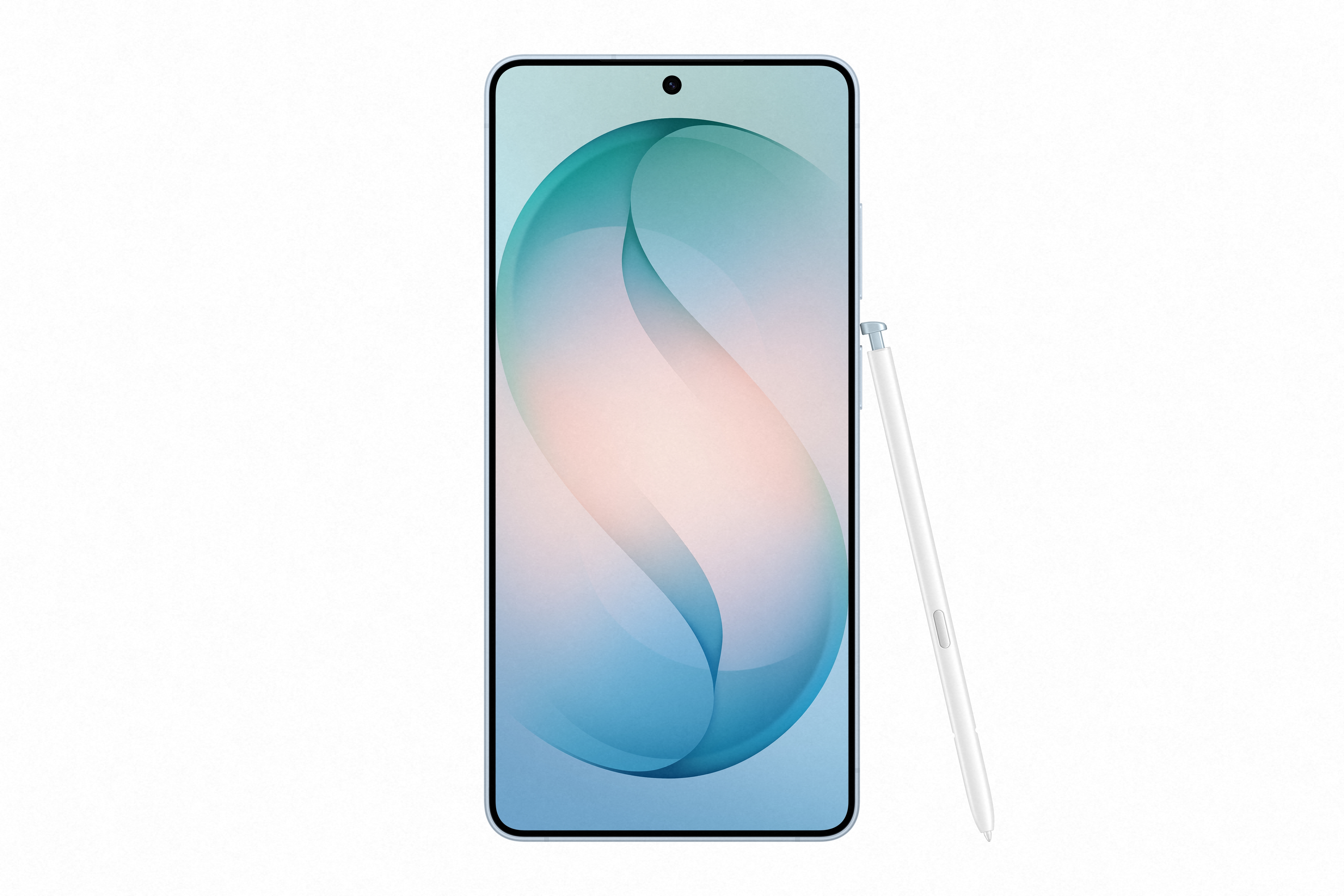 Ein wei'es Smartphone mit blauem Hintergrund und einem Stift daneben.