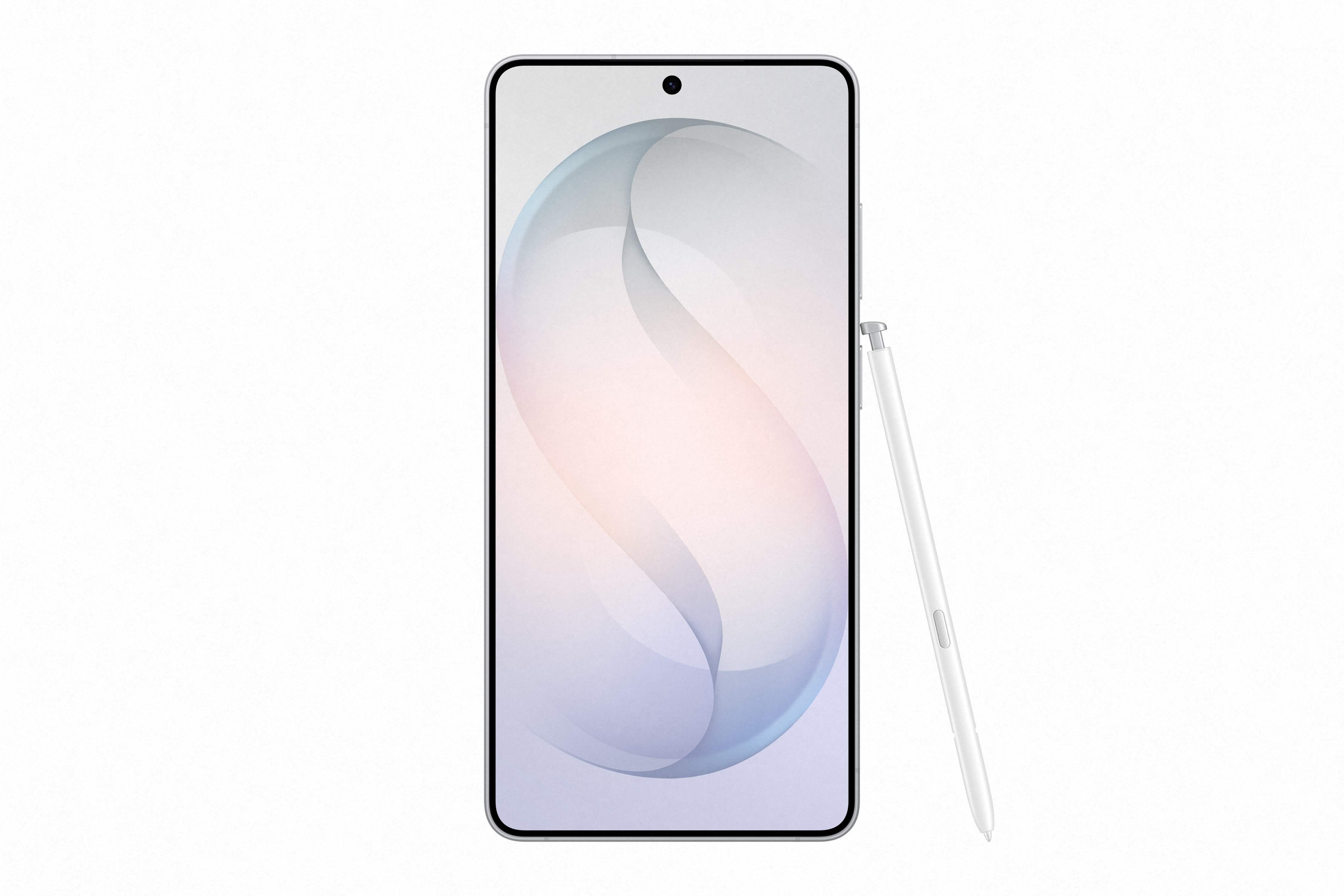 Ein schlankes Smartphone mit einem Stift, der daneben liegt. Der Bildschirm zeigt ein abstraktes Design.