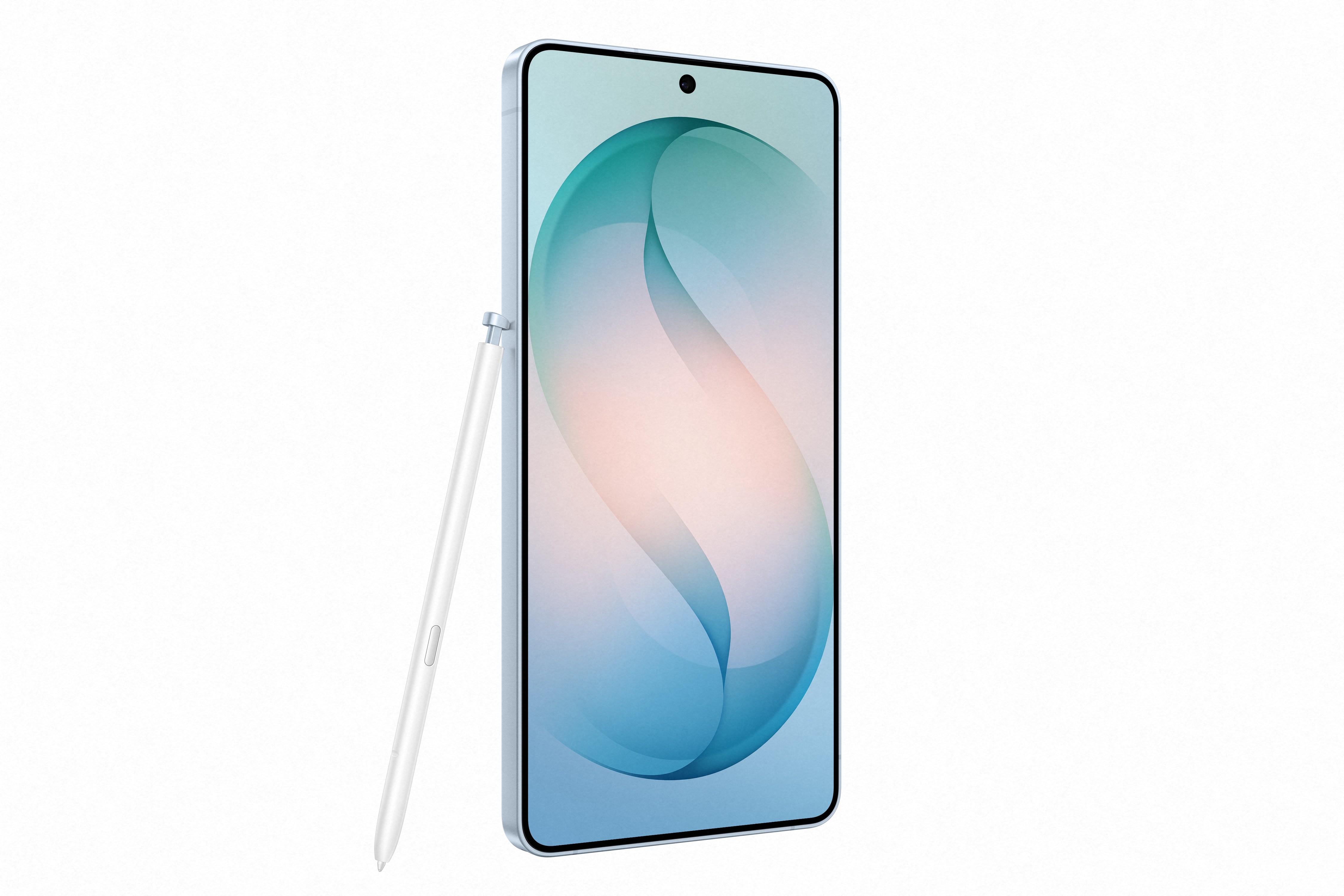 Ein weies Smartphone mit Stift, das auf weiem Hintergrund steht.