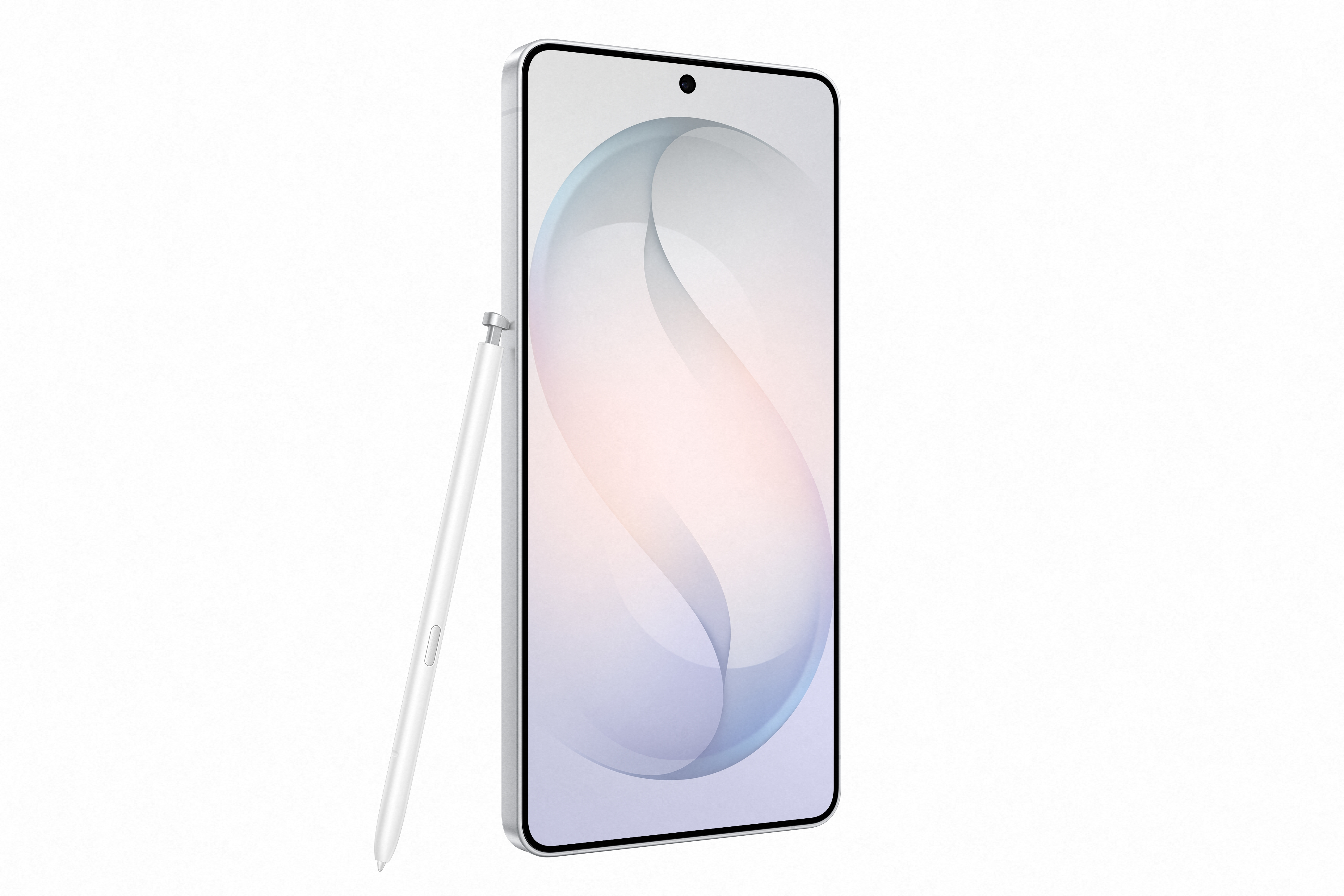 Ein weißes Smartphone mit einem Stift daneben. Das Display zeigt ein abstraktes Muster.