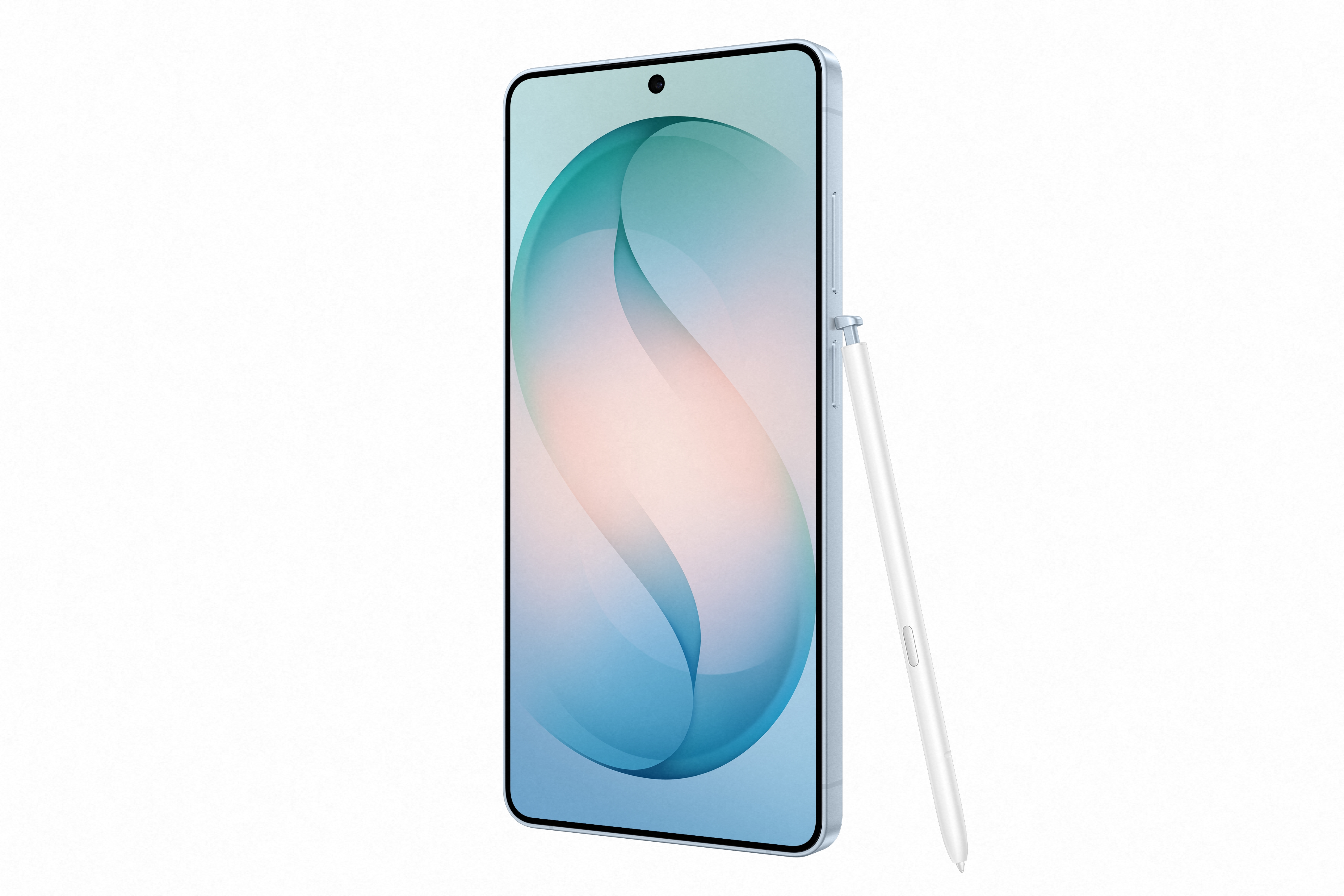 Ein hellblaues Smartphone mit einem weißen Stift daneben.