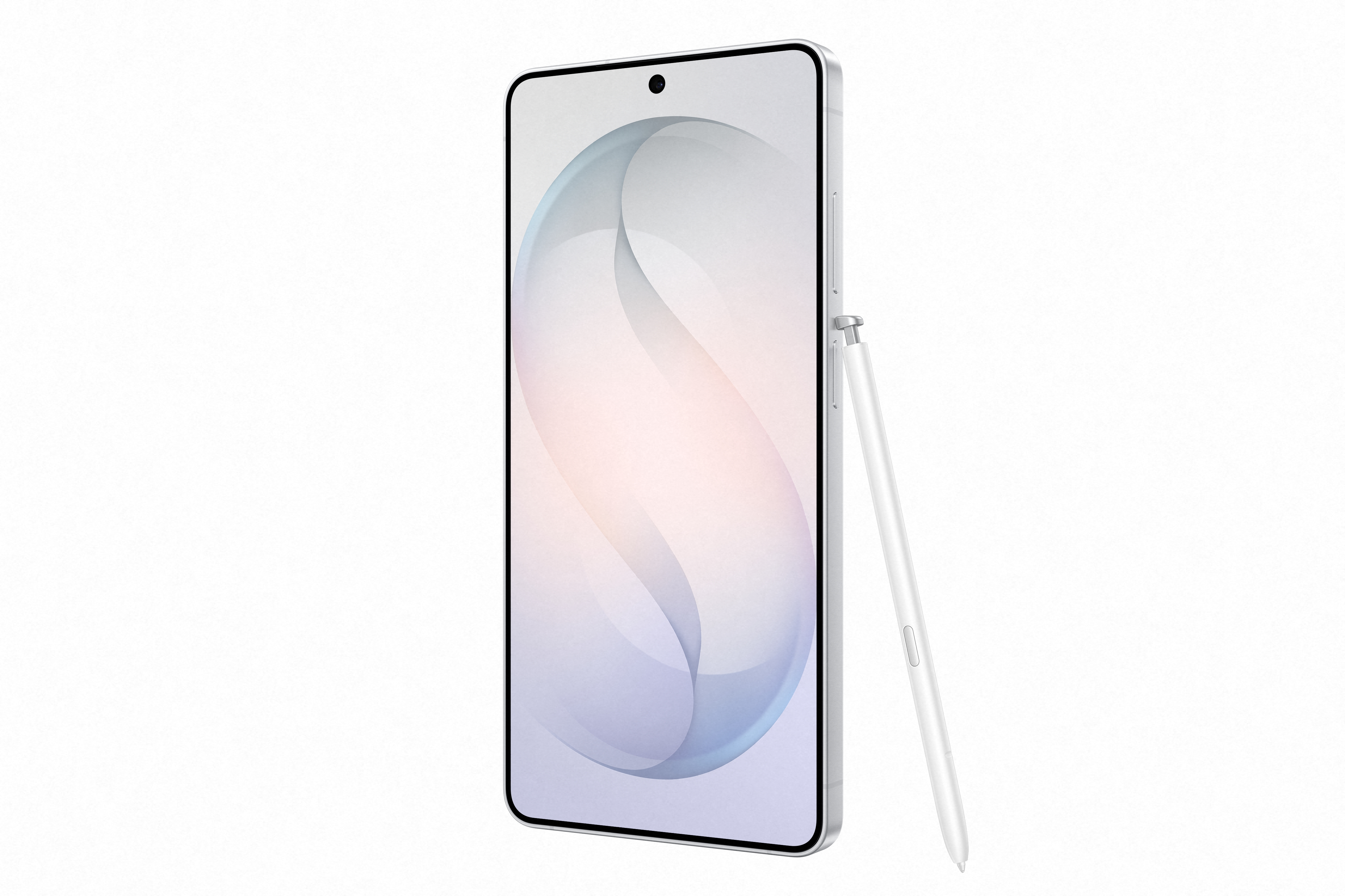 Ein weißes Smartphone mit einem Stift. Minimalistisches Design.