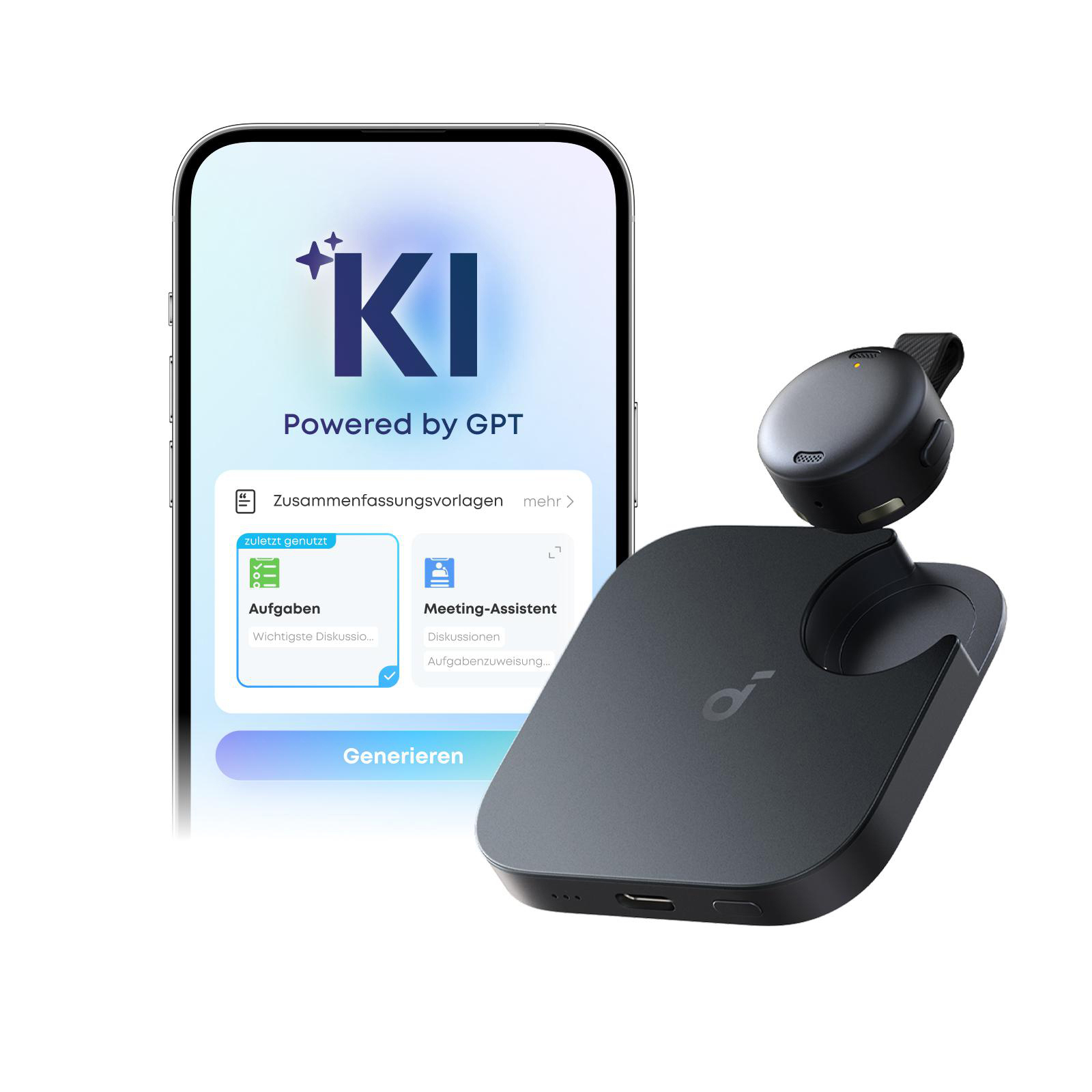 Ein Smartphone zeigt eine KI-App. Daneben liegen ein schwarzes Headset und Ladestation.
