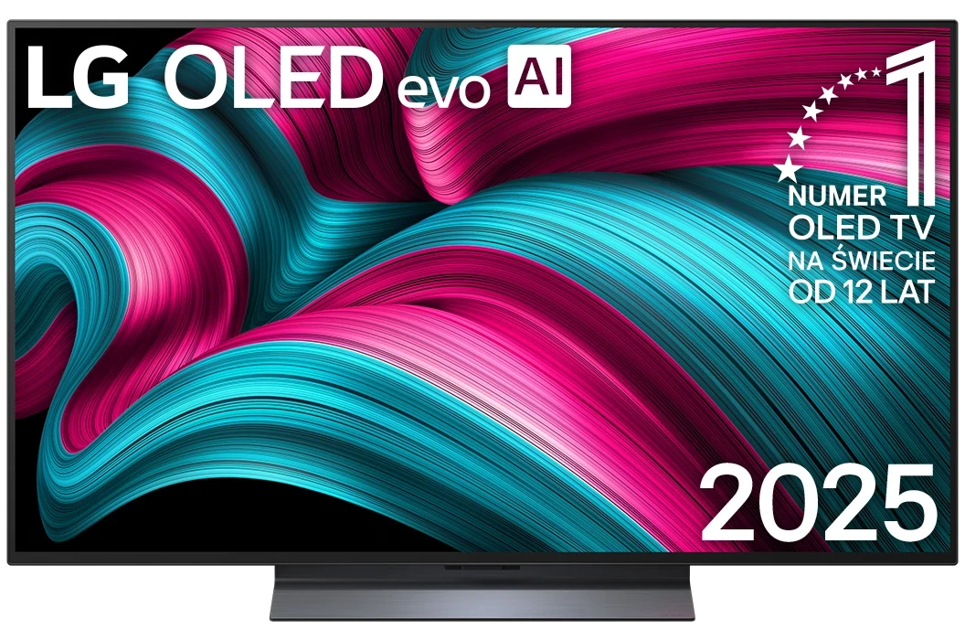 Telewizor LG OLED evo AI z falistym wzorem różowo-turkusowym. 2025.