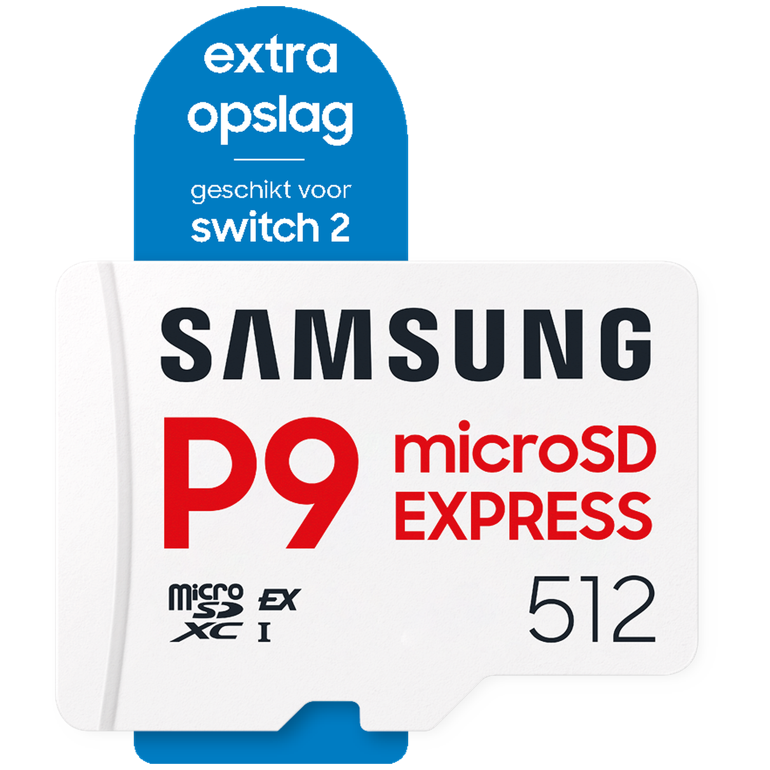 A white Samsung P9 microSD EXPRESS 512 card with a blue banner saying "extra opslag geschikt voor switch 2".