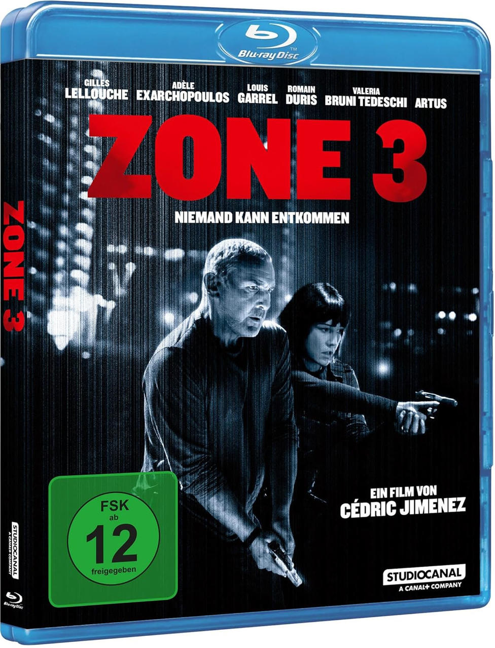 Blu-ray-Hülle von Zone 3 mit zwei Personen, die Waffen halten, und Altersfreigabe 12.