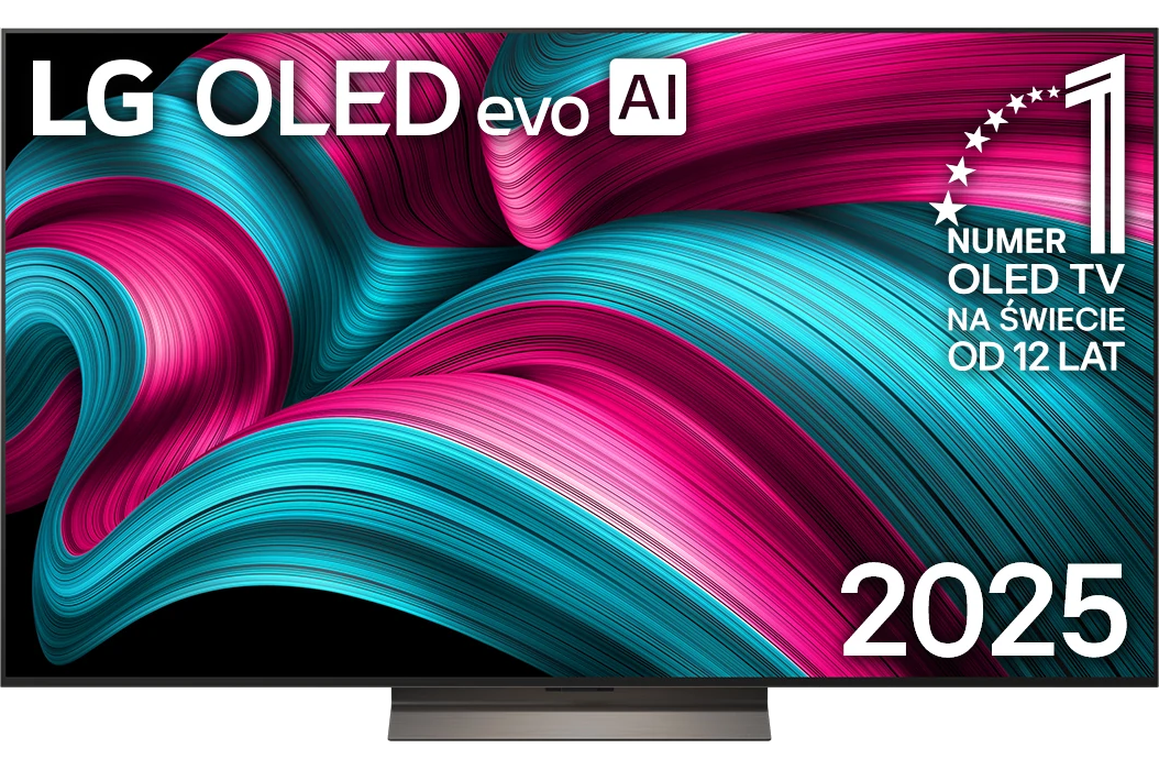 Telewizor LG OLED evo AI z kolorowymi paskami i cyfrą 1, nr 1 od 12 lat.