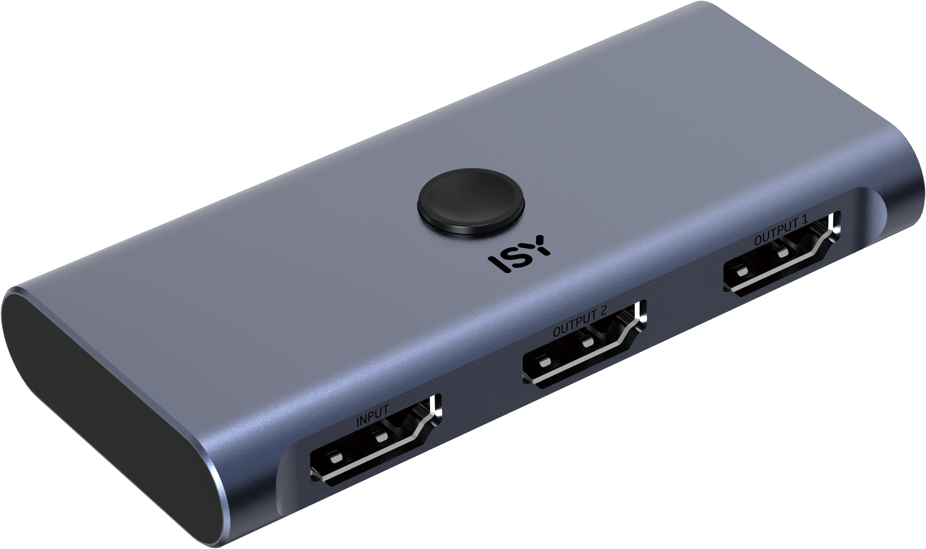 Szary rozdzielacz HDMI z jednym wejściem, dwoma wyjściami i czarnym przyciskiem.