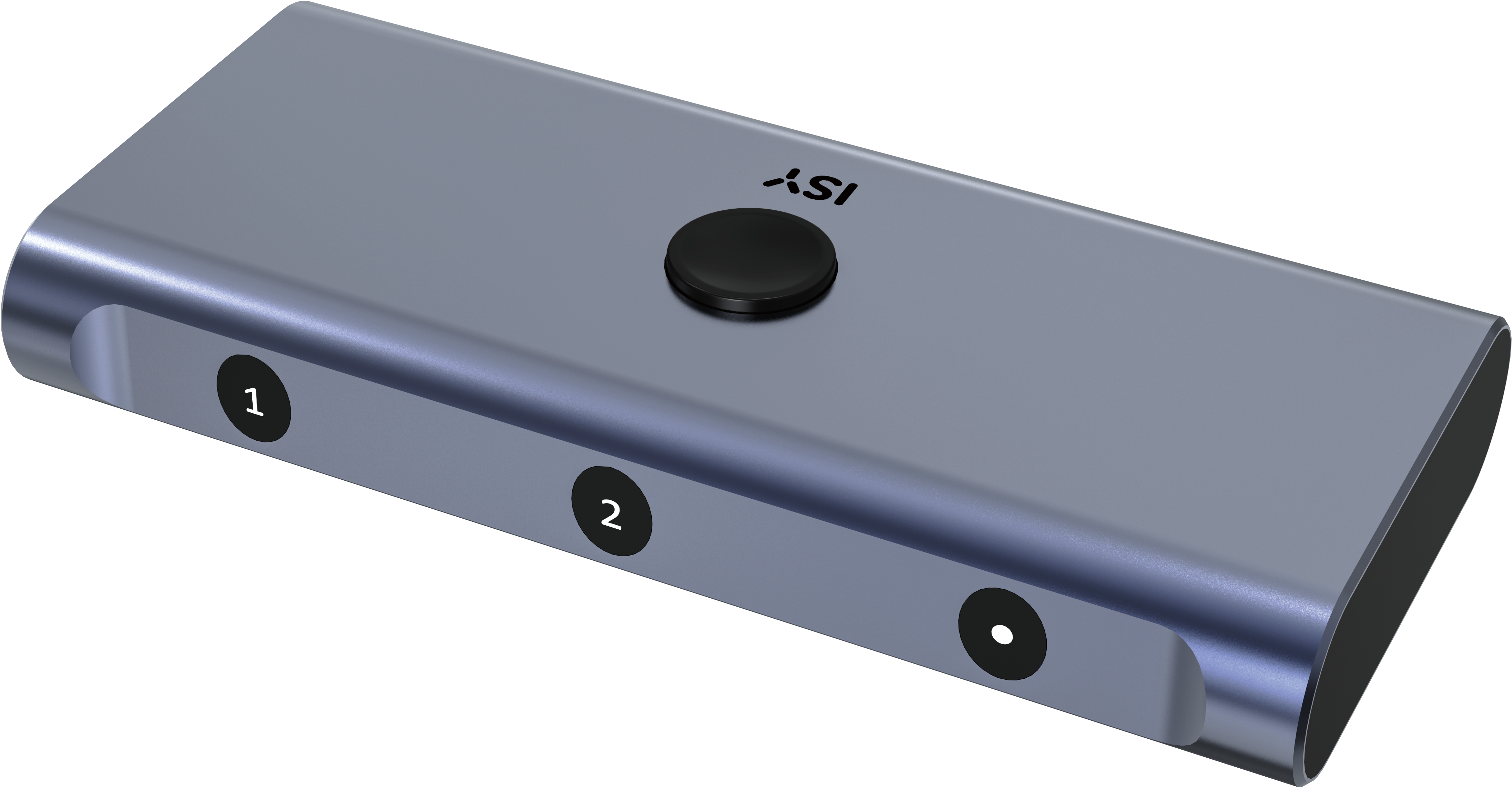 Szare urządzenie z czarnym przyciskiem i oznaczeniami 1, 2 oraz kropką.