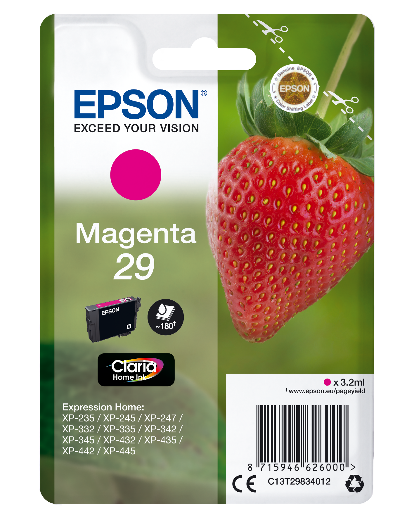 Tusz Epson Magenta 29 z truskawką i kodem kreskowym na opakowaniu.
