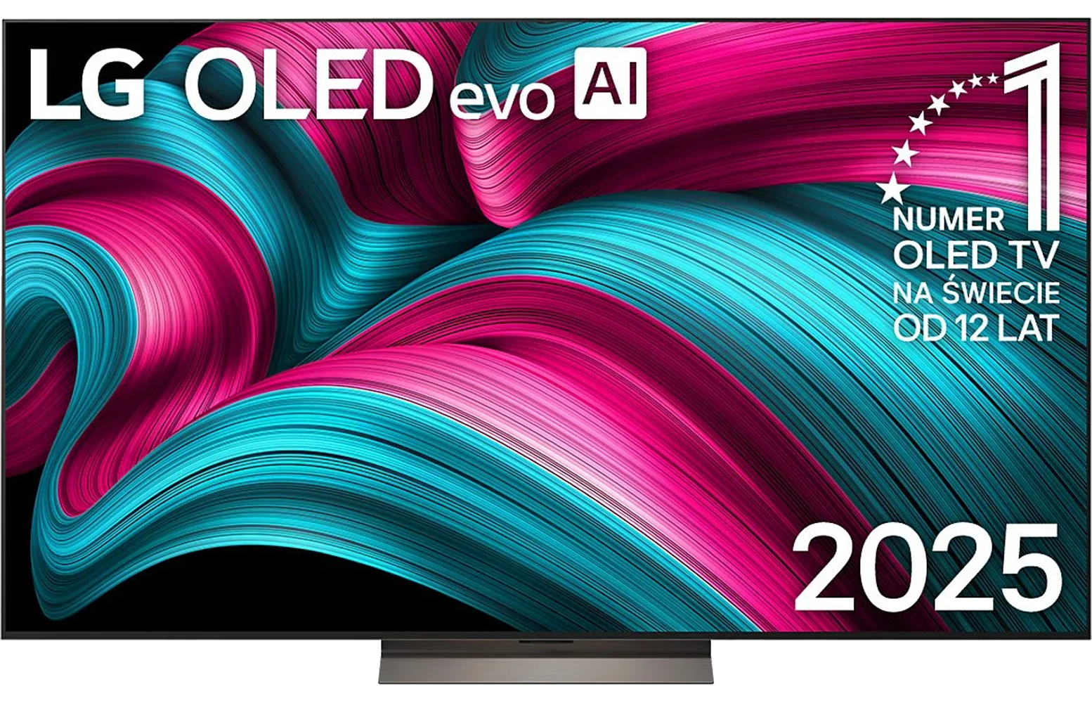 Telewizor LG OLED evo AI z abstrakcyjnym, falującym wzorem różowo-turkusowym.