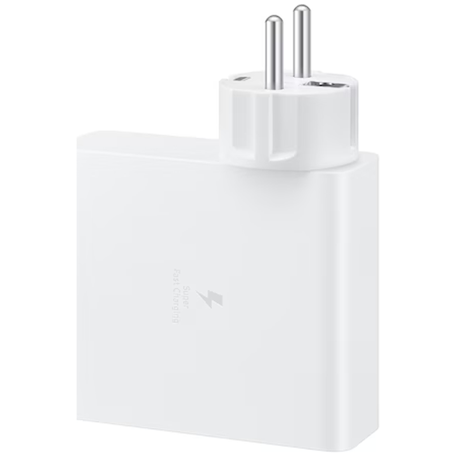 A white charger with two silver prongs and "Super Fast Charging" text.