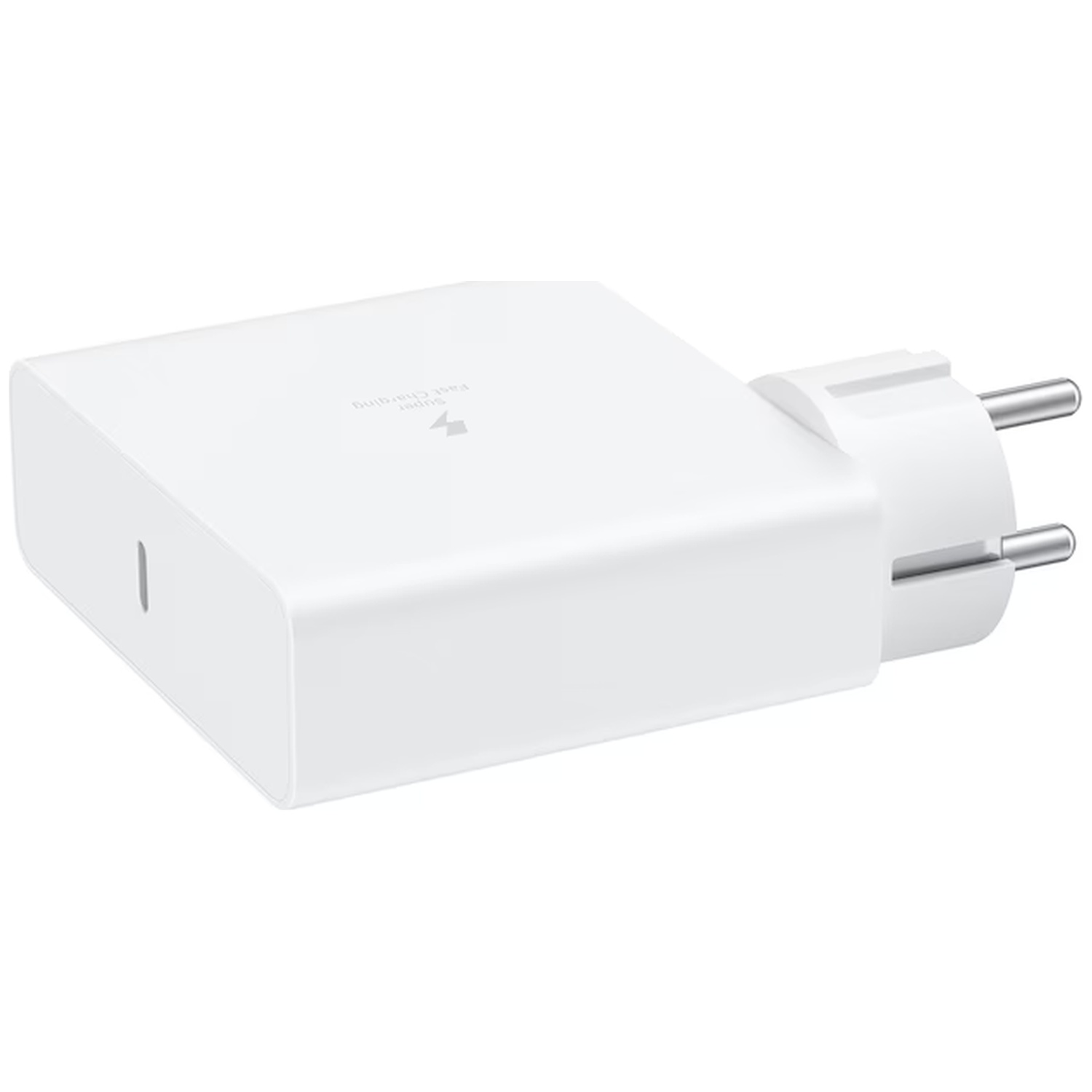 A white fast charging adapter with plug prongs.