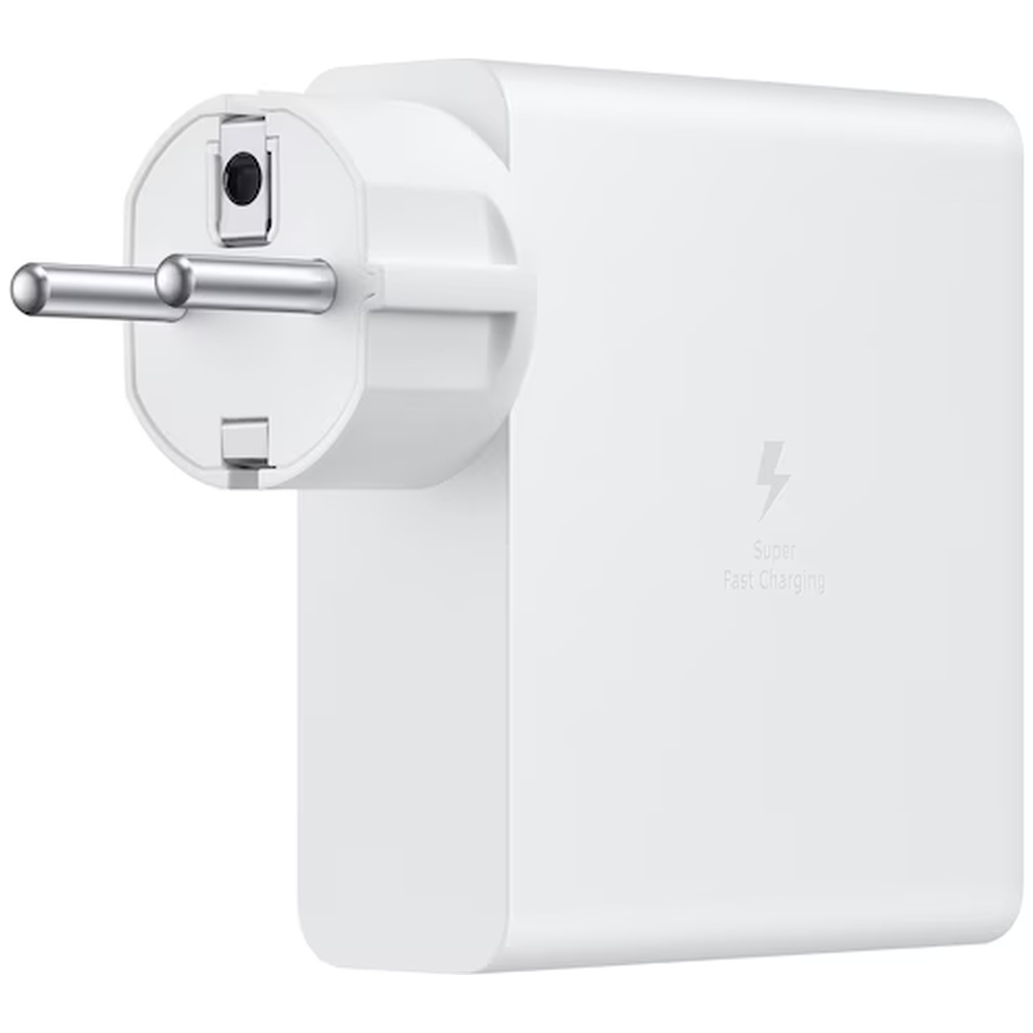 A white power adapter with two metal prongs and 'Super Fast Charging' text.