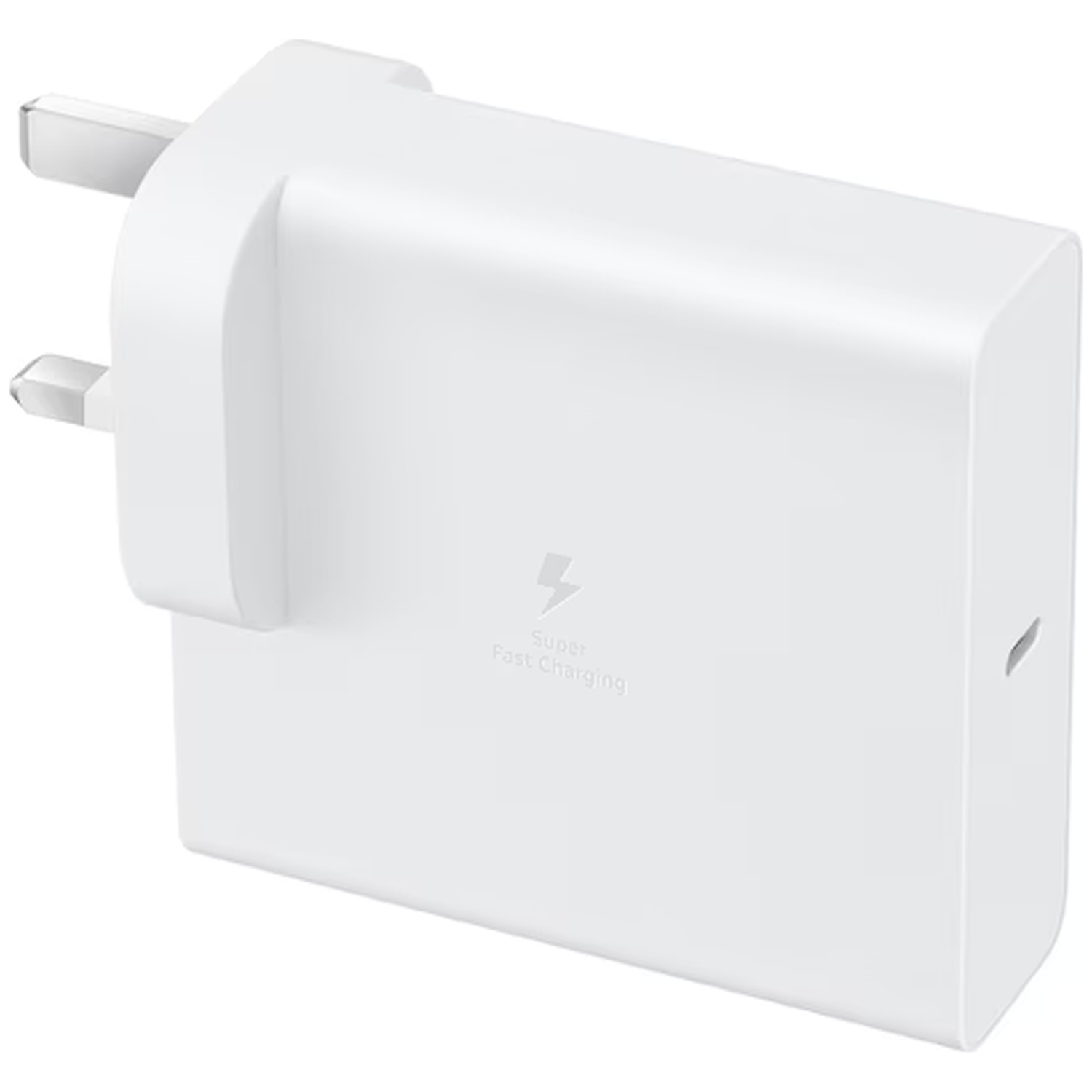 White power adapter with three pins and a lightning bolt symbol for fast charging.