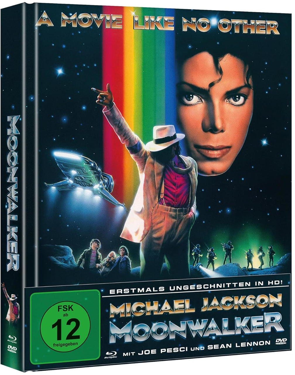 Michael Jackson als Moonwalker mit Regenbogen, Raumschiff und FSK 12 Logo.