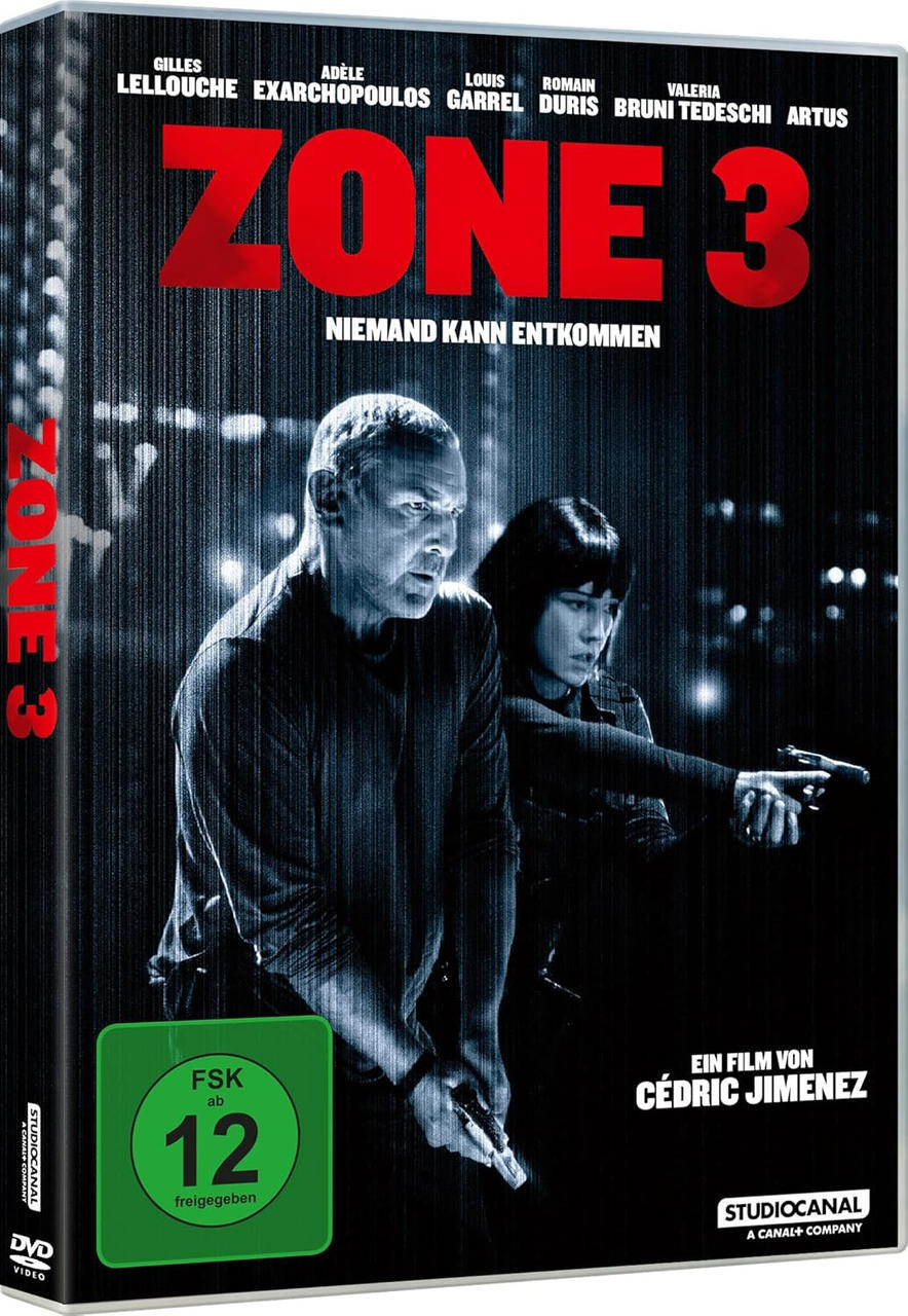 Ein Mann und eine Frau mit Waffen vor einem unscharfen Hintergrund. "Zone 3" ist groß geschrieben.