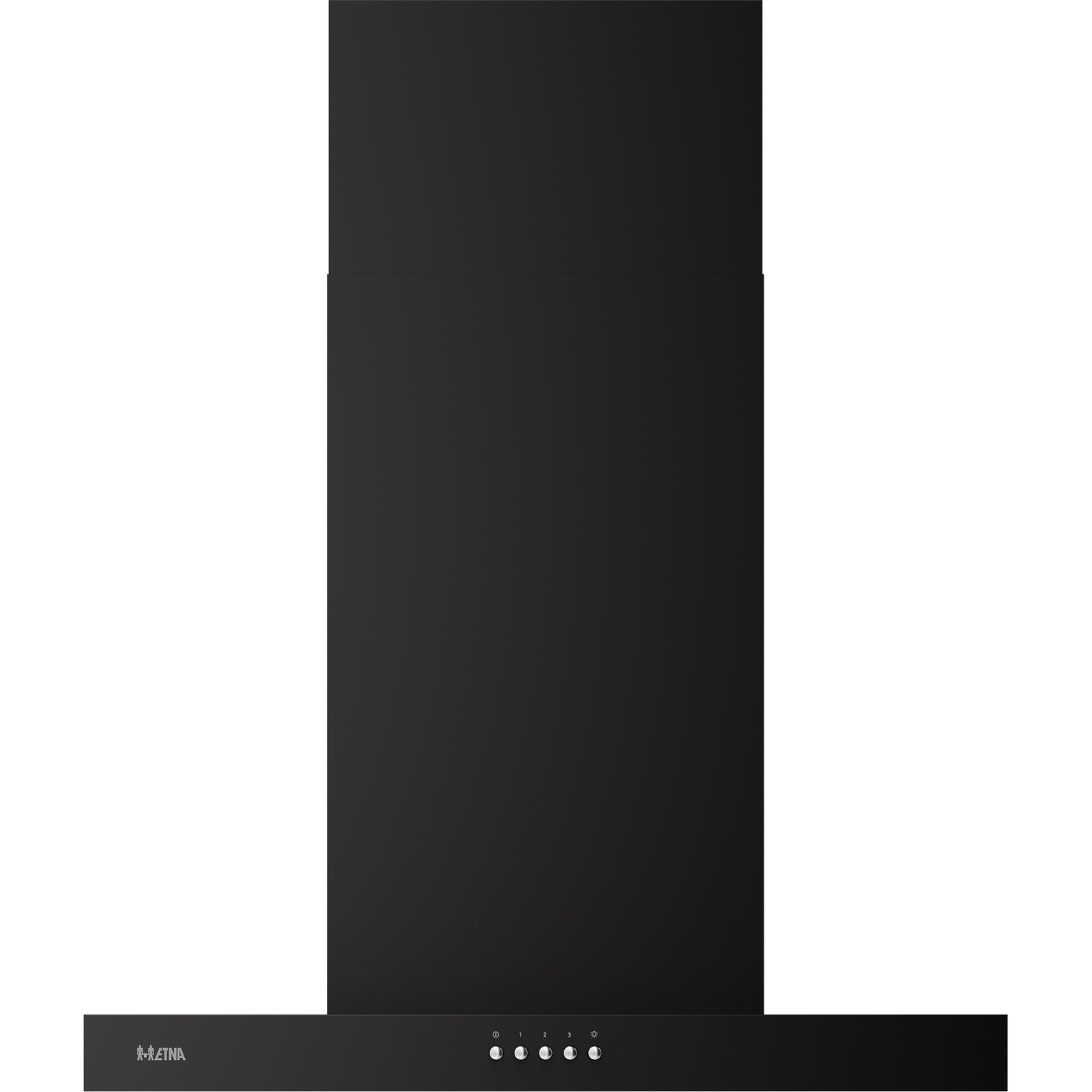 A black range hood with a rectangular chimney and control buttons at the bottom.