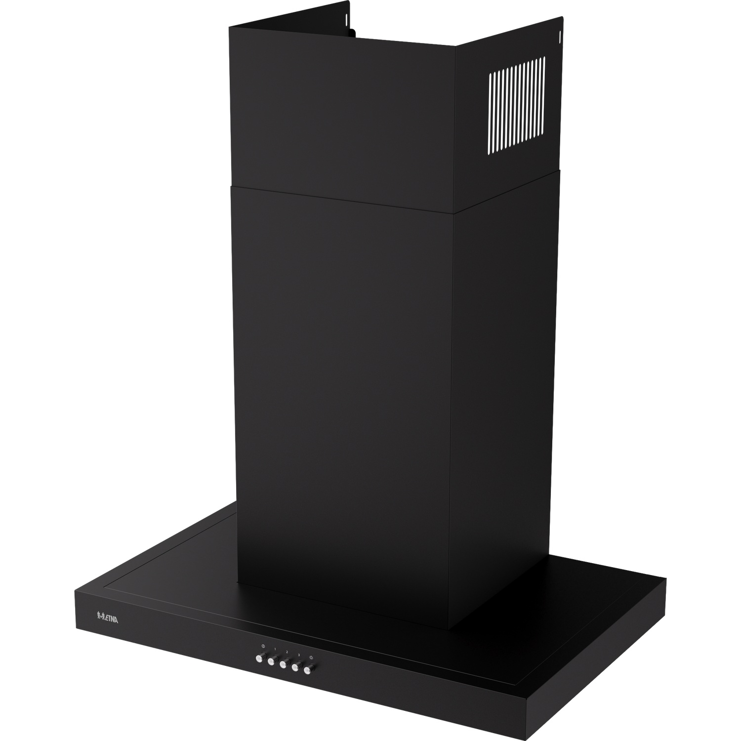 Black kitchen hood with a rectangular chimney and control buttons.