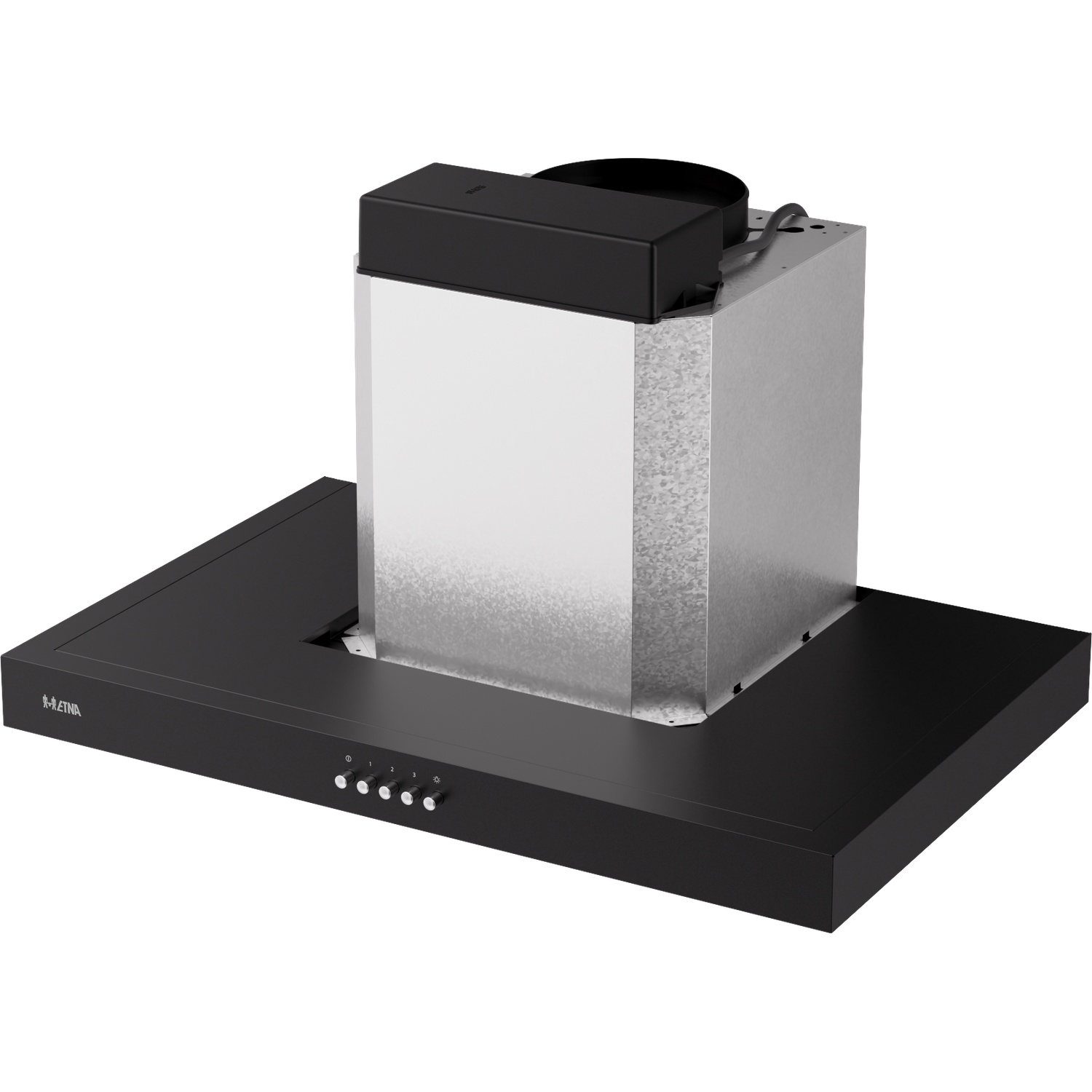 Black range hood with silver chimney and control buttons.