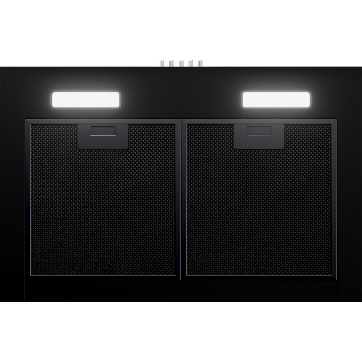 Black range hood with two grates and lights at the top.