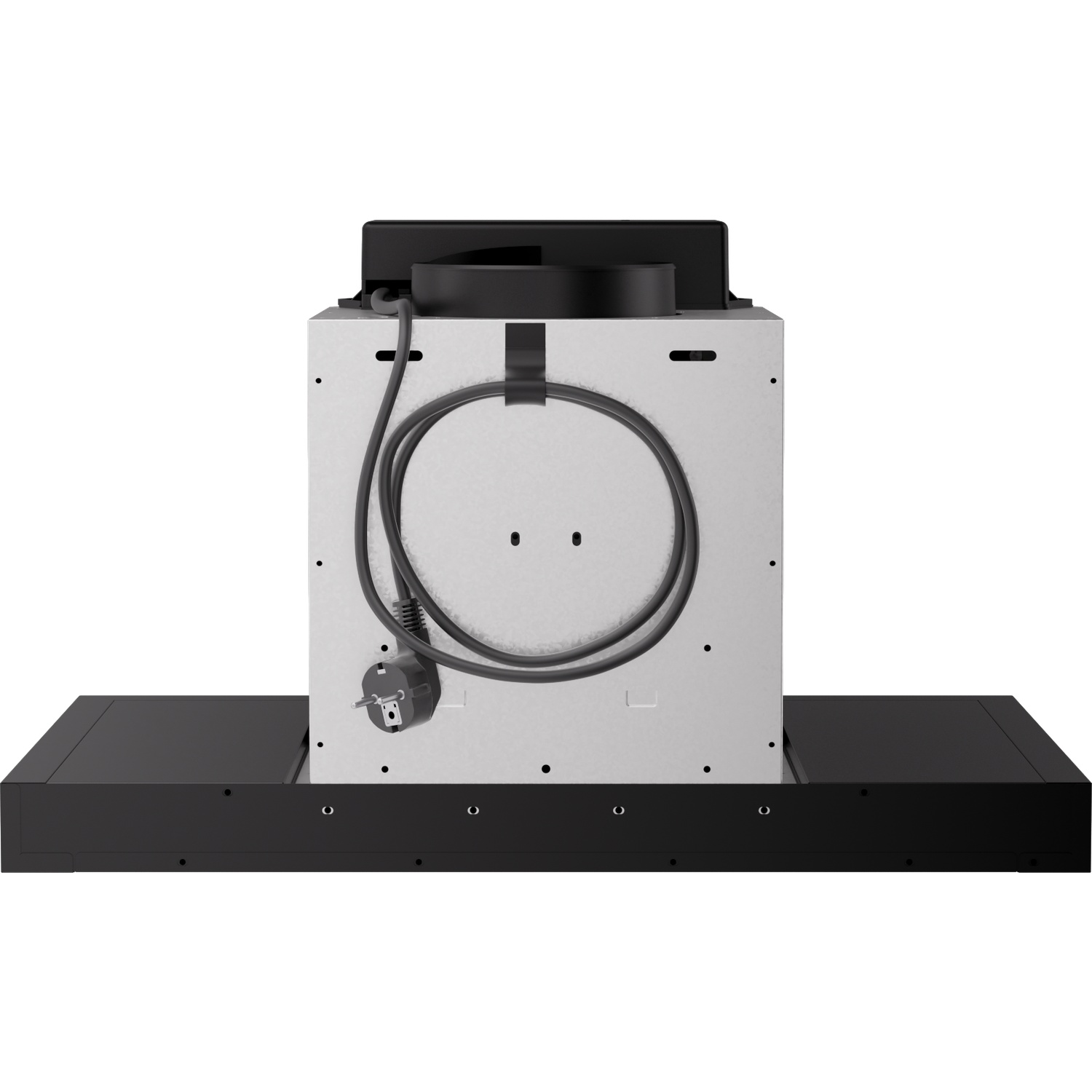 Rear view of a black range hood with a silver housing and cord.