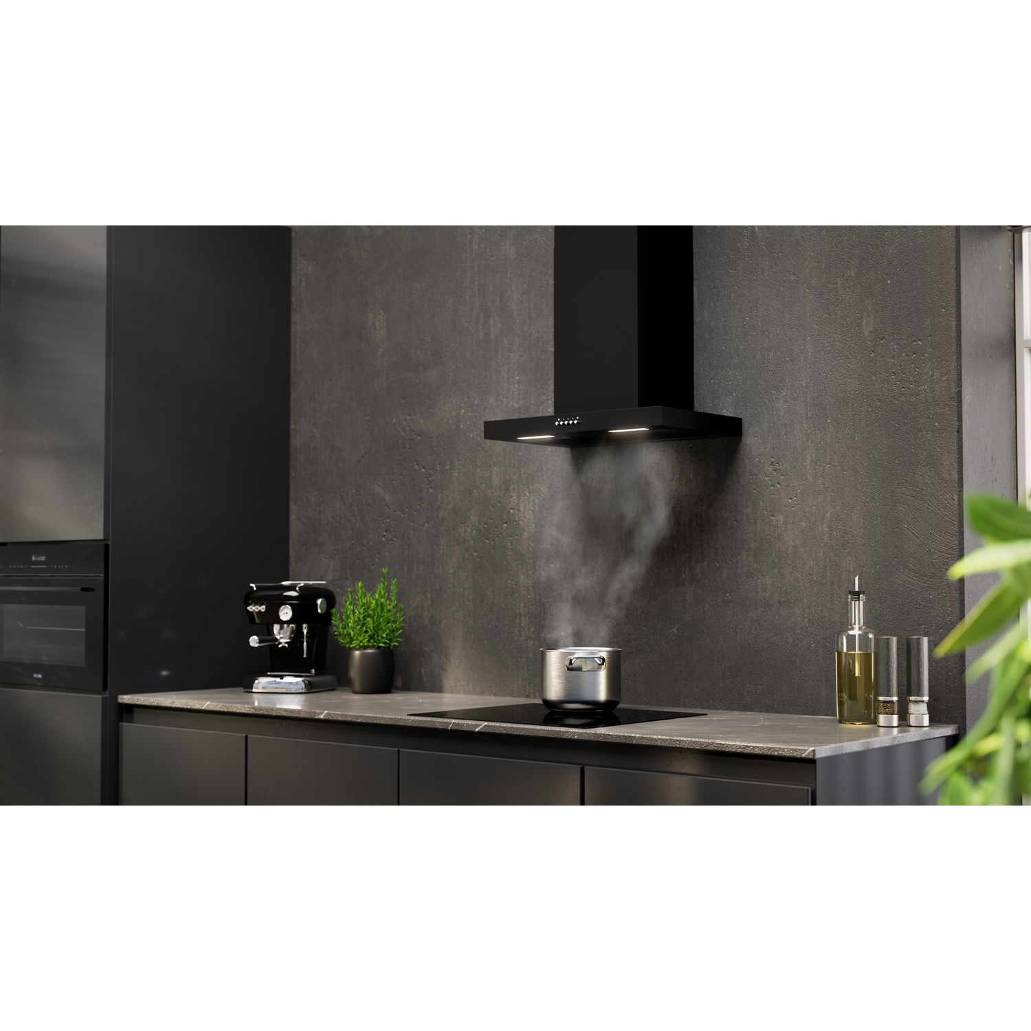 A black range hood above a pot with steam rising from it.