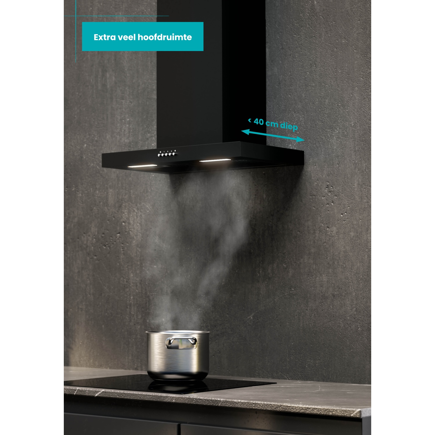 Black range hood above a pot with steam on a cooktop.
